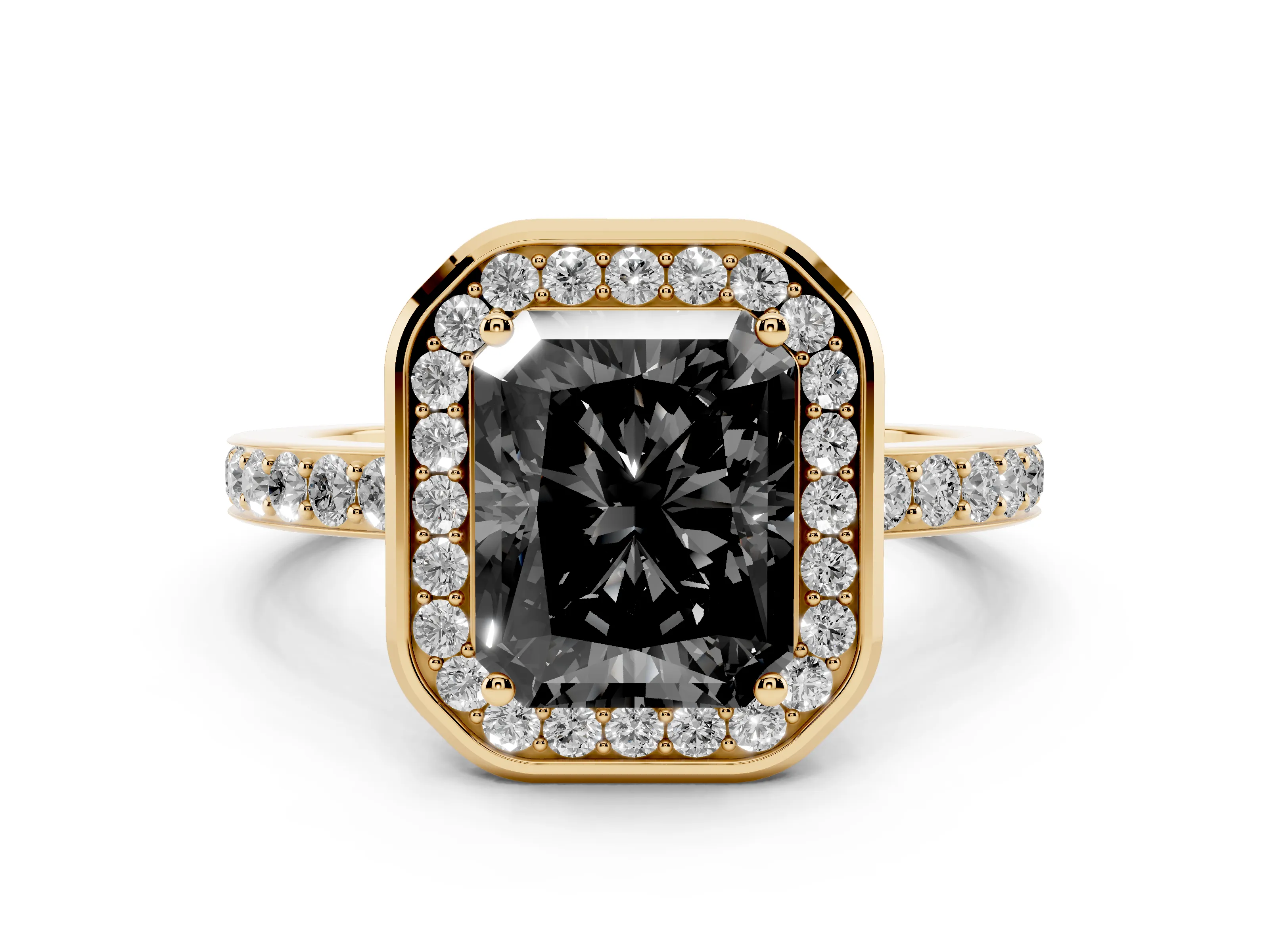 Fancy Black Radiant Cut Diamond Halo Ring Set in Yellow gold with Bezel Frame and Pavé Band