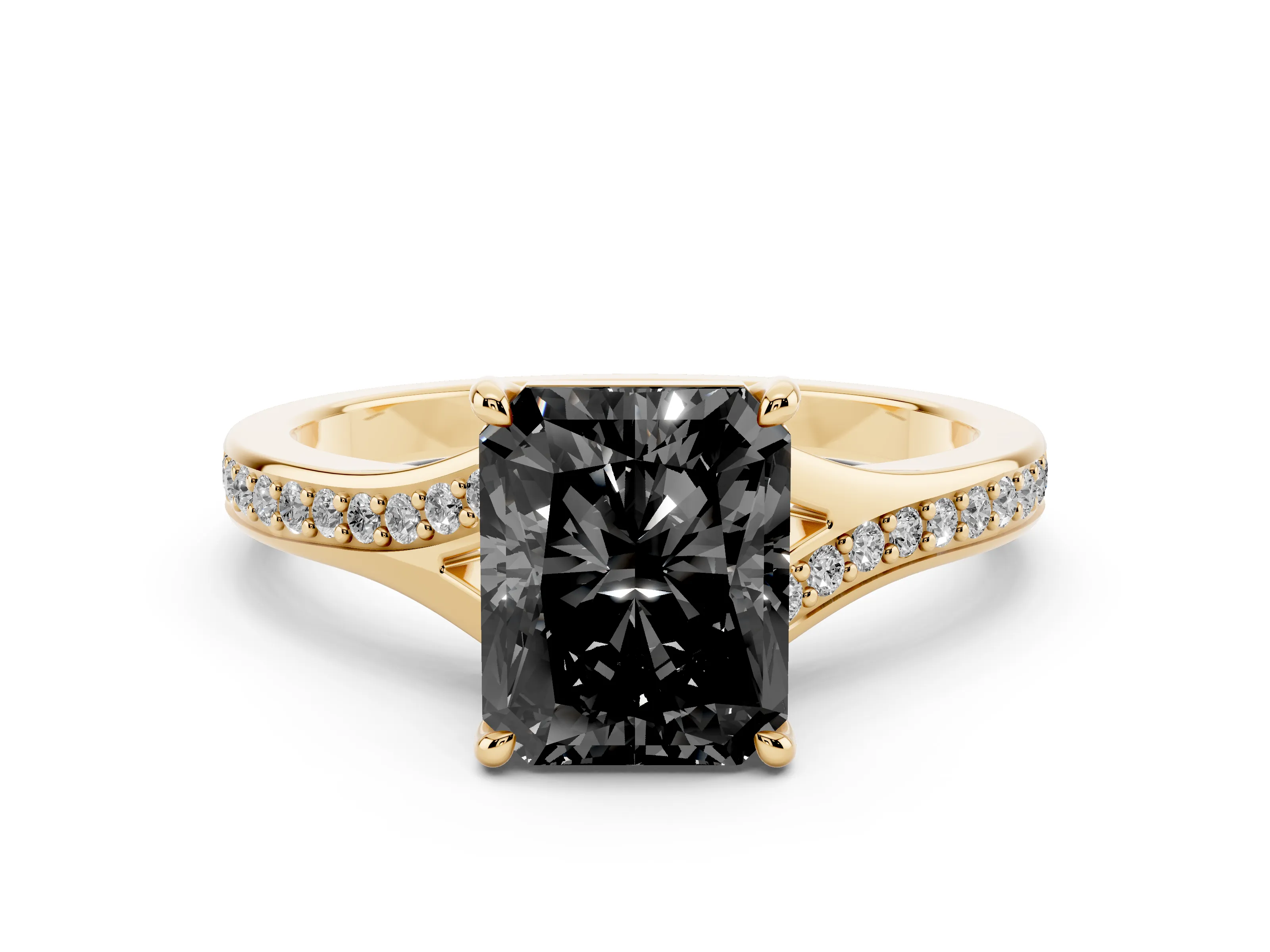Fancy Black Radiant Cut Diamond Solitaire Ring Set in Yellow gold with Pavé Accent Band and Classic Prong Setting