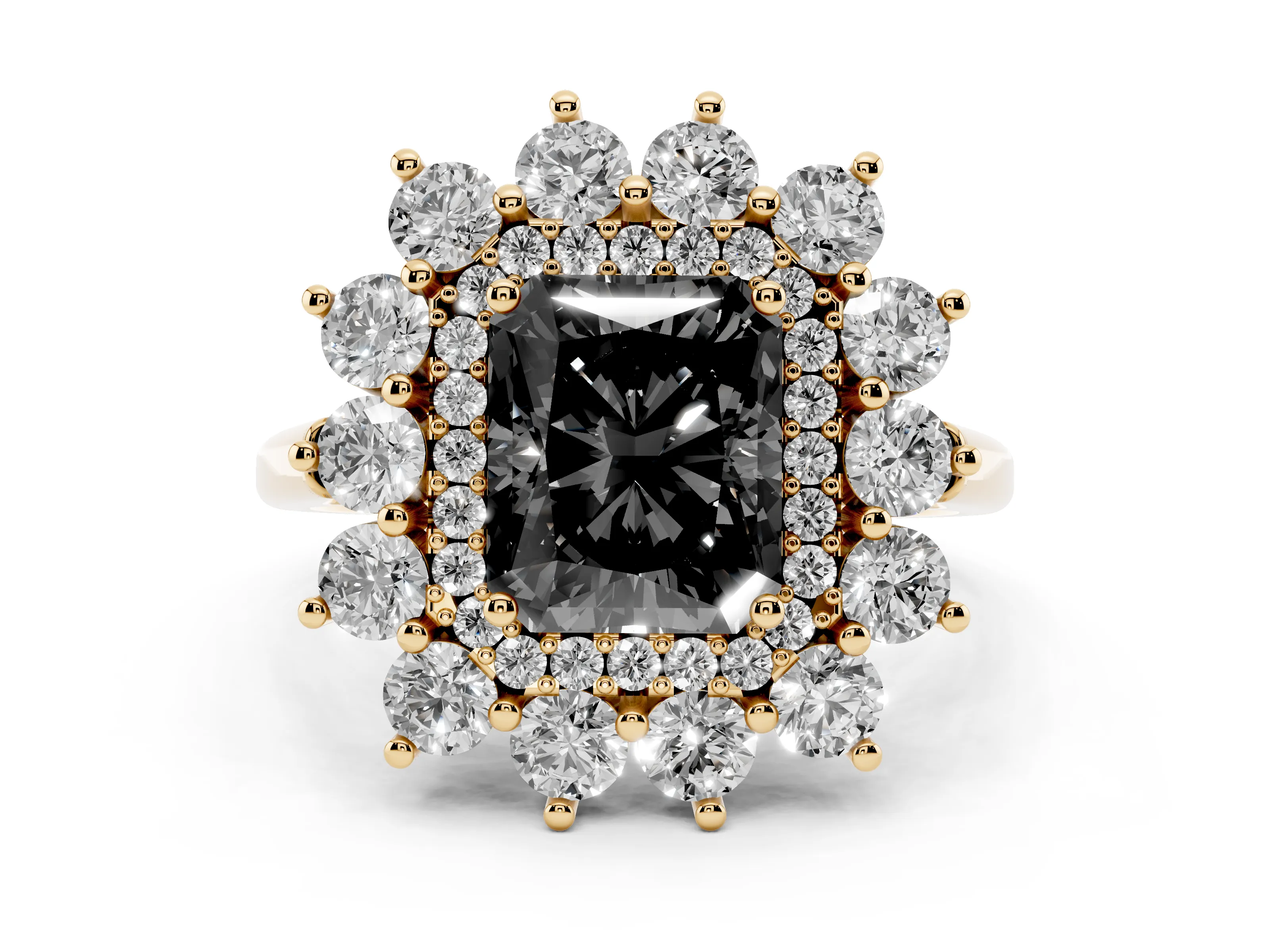 Fancy Black Radiant Cut Diamond Floral Double Halo Ring Set in Yellow gold with Round Petals