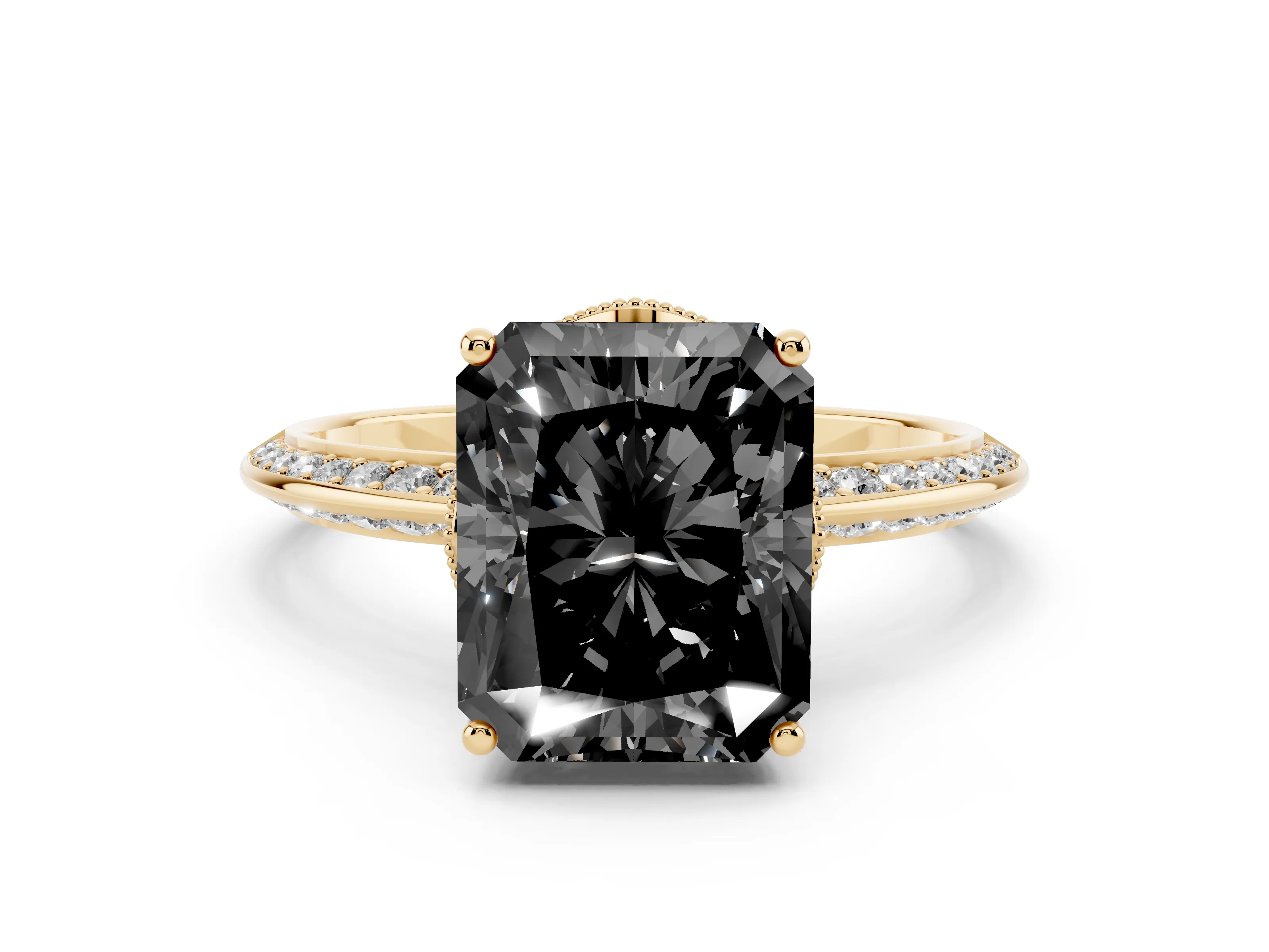 Fancy Black Radiant Cut Diamond Solitaire Engagement Ring Set in Yellow gold with Pavé Split Shank and Prong Setting