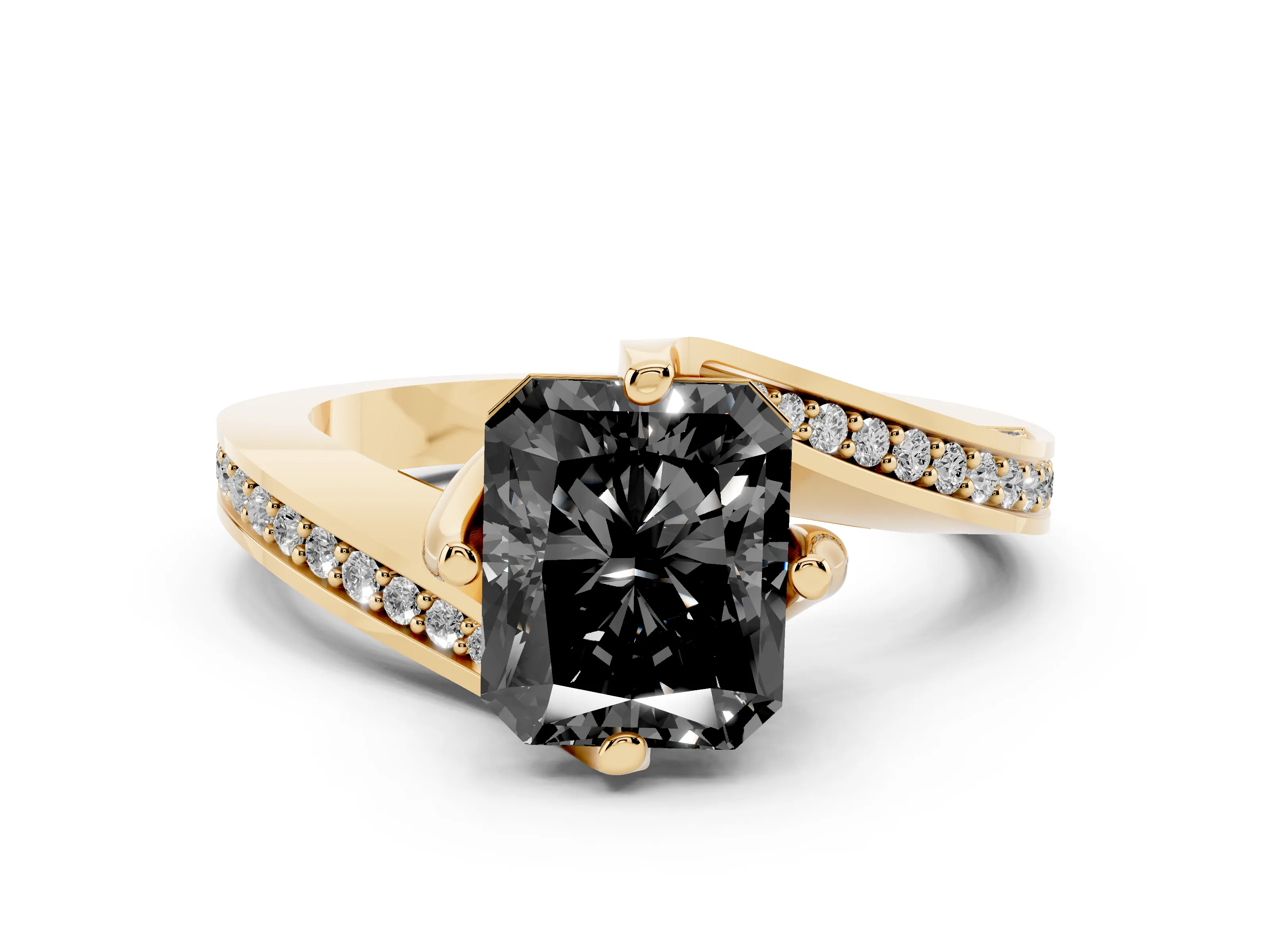 Fancy Black Radiant Cut Diamond Solitaire Ring Set in Yellow gold with Intertwined Pavé Twist Band