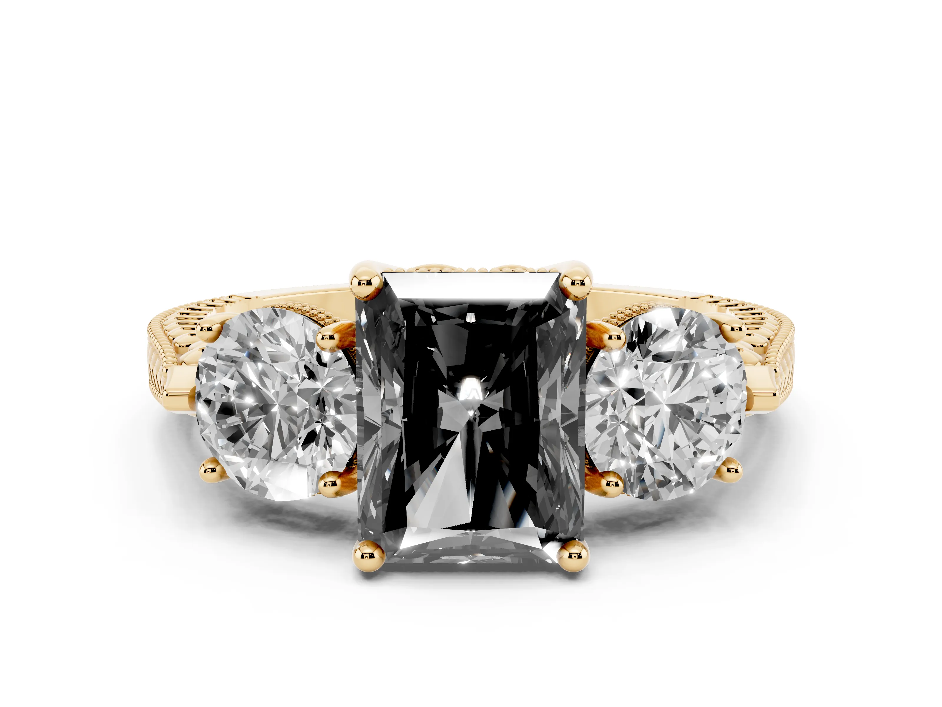Fancy Black Radiant Cut Diamond Three-Stone Ring Set in Yellow gold with Milgrain Band