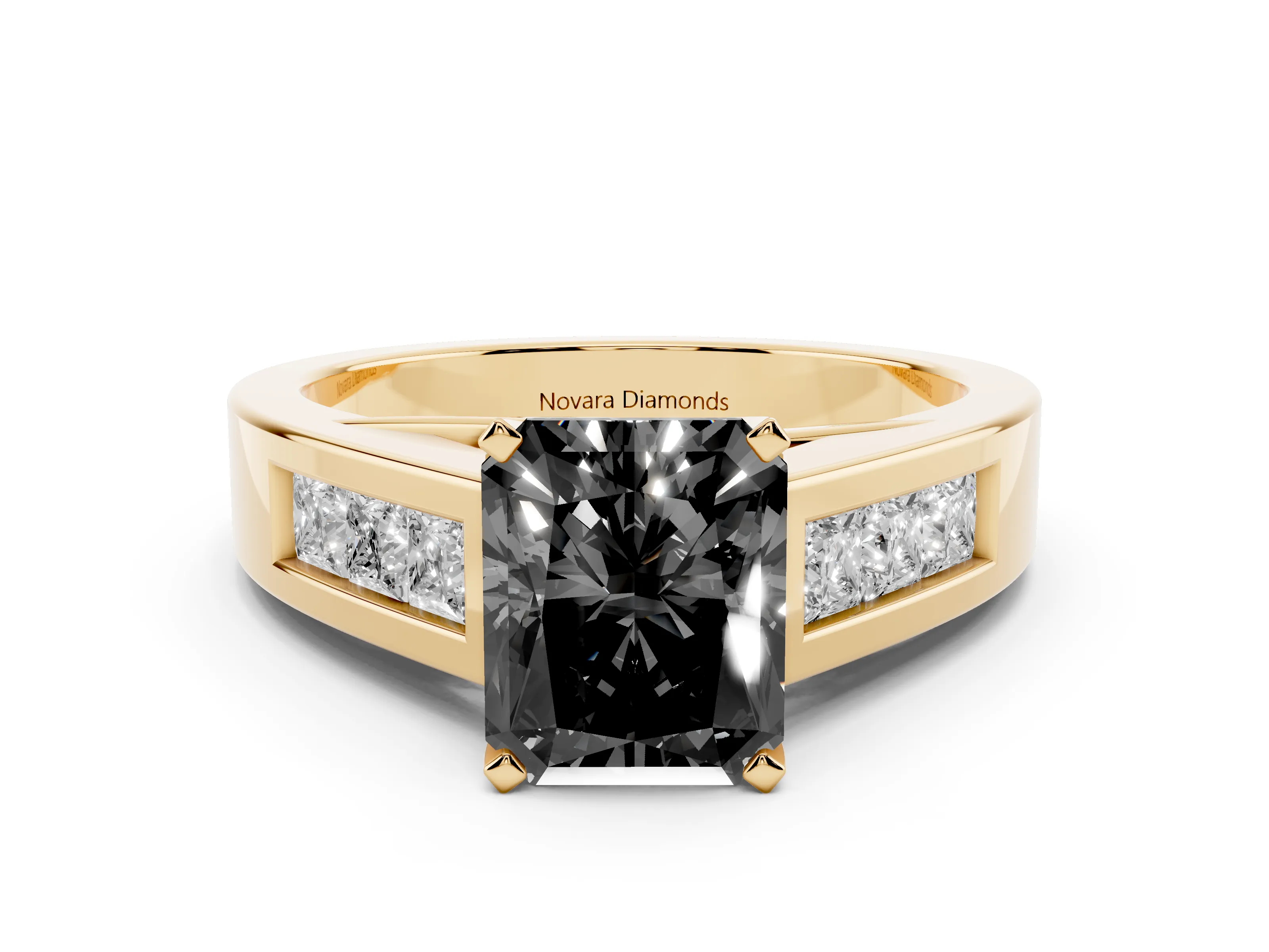 Fancy Black Radiant Cut Diamond Solitaire Ring Set in Yellow gold with Channel-Set Accent Stones and Prong Setting