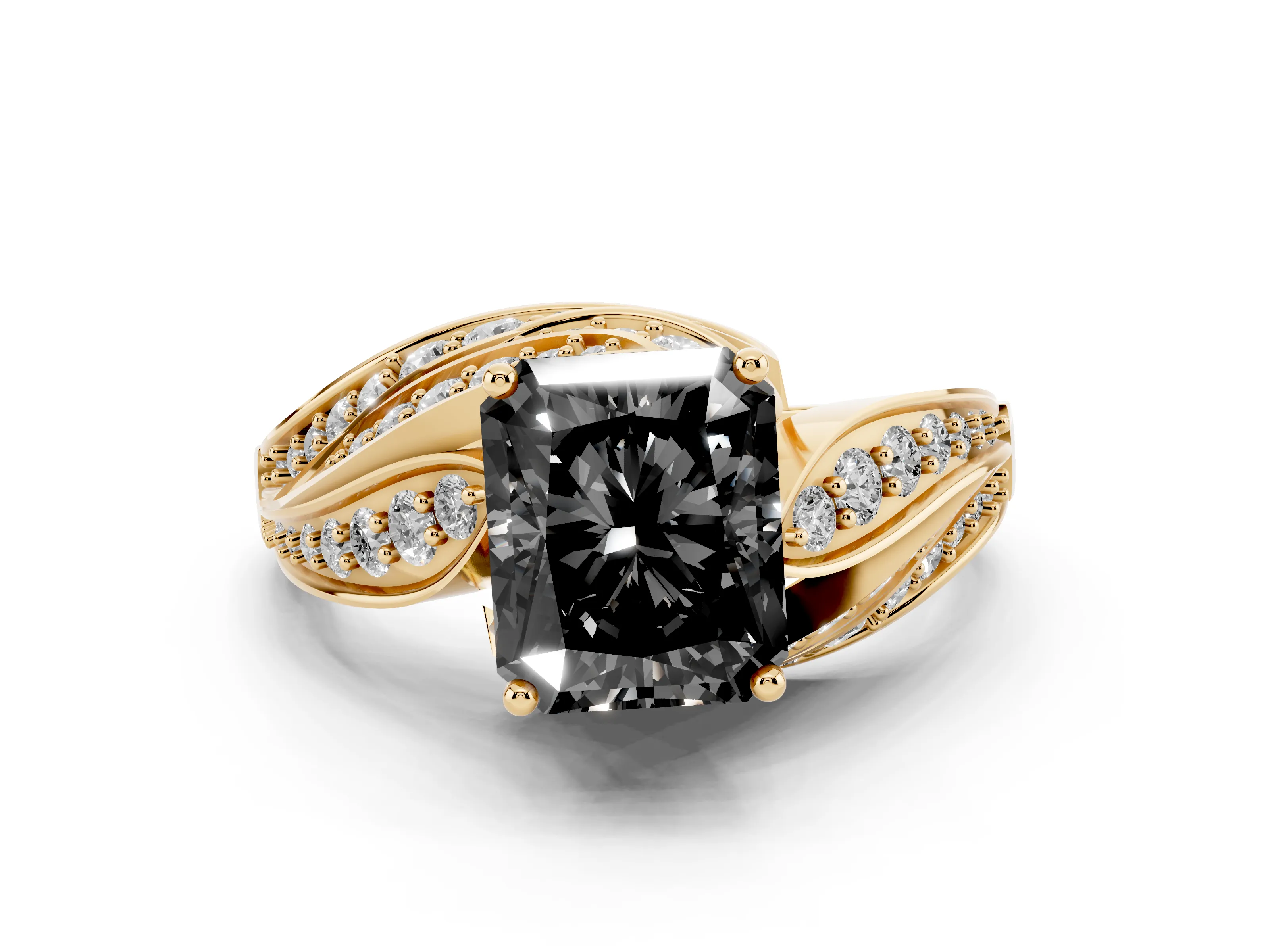 Fancy Black Radiant Cut Diamond Solitaire Ring Set in Yellow gold with Layered Twist Pavé Band