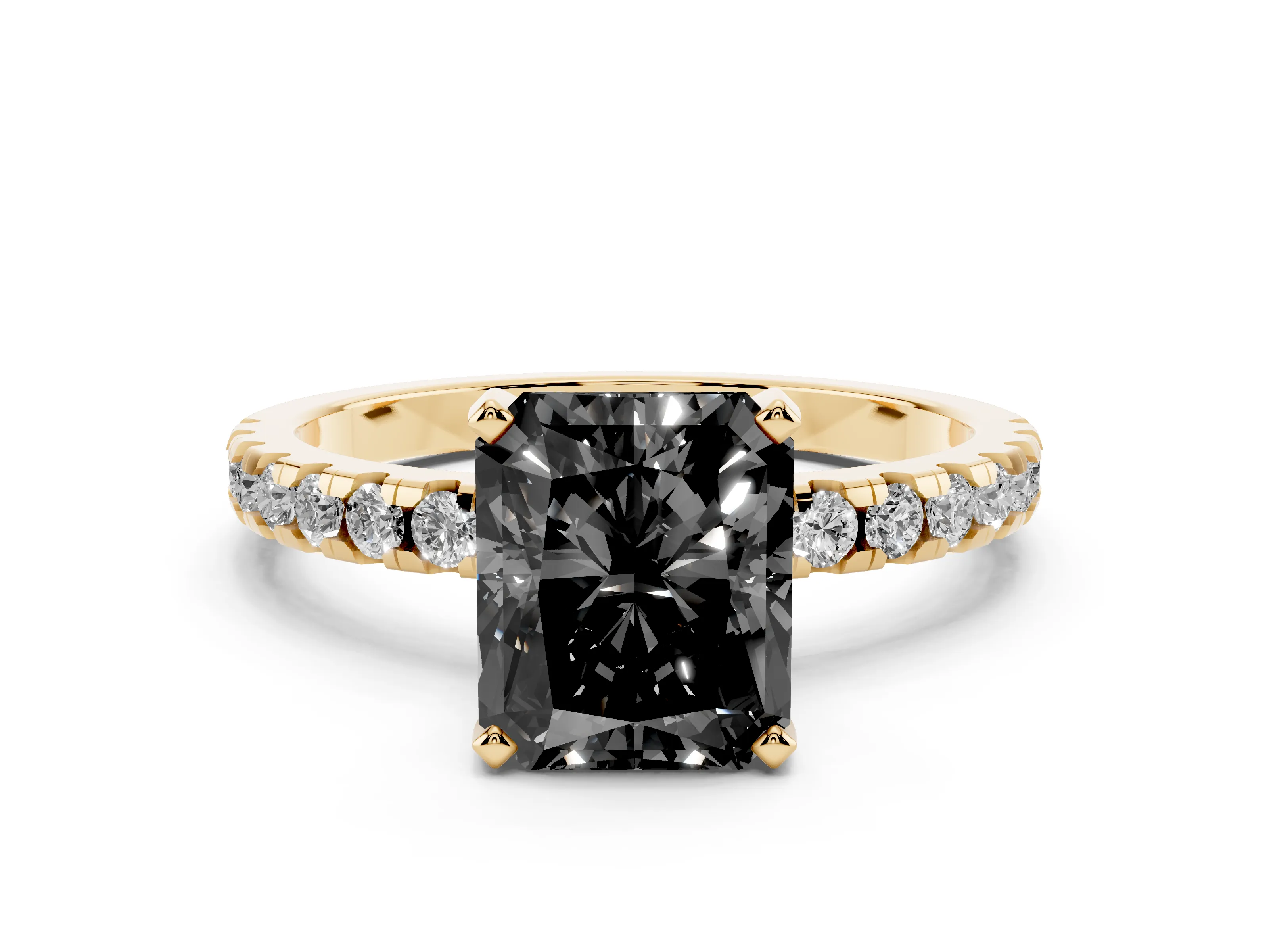 Fancy Black Radiant Cut Diamond Pavé Solitaire Ring Set in Yellow gold with Round Band Accents and Prong Setting