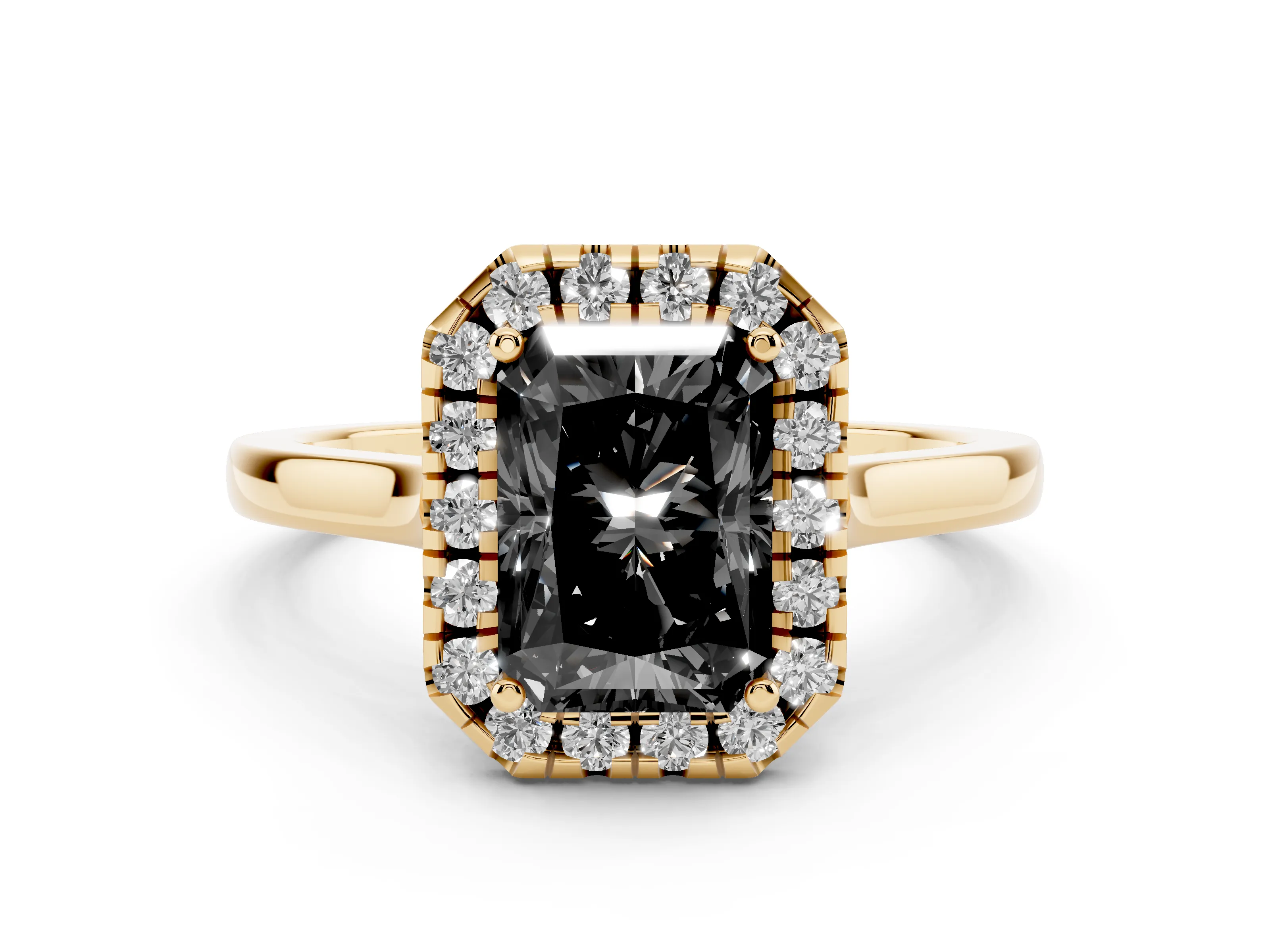 Fancy Black Radiant Cut Halo Round Diamond Solitaire Ring Set in Yellow gold with Pavé Band and Prong Setting