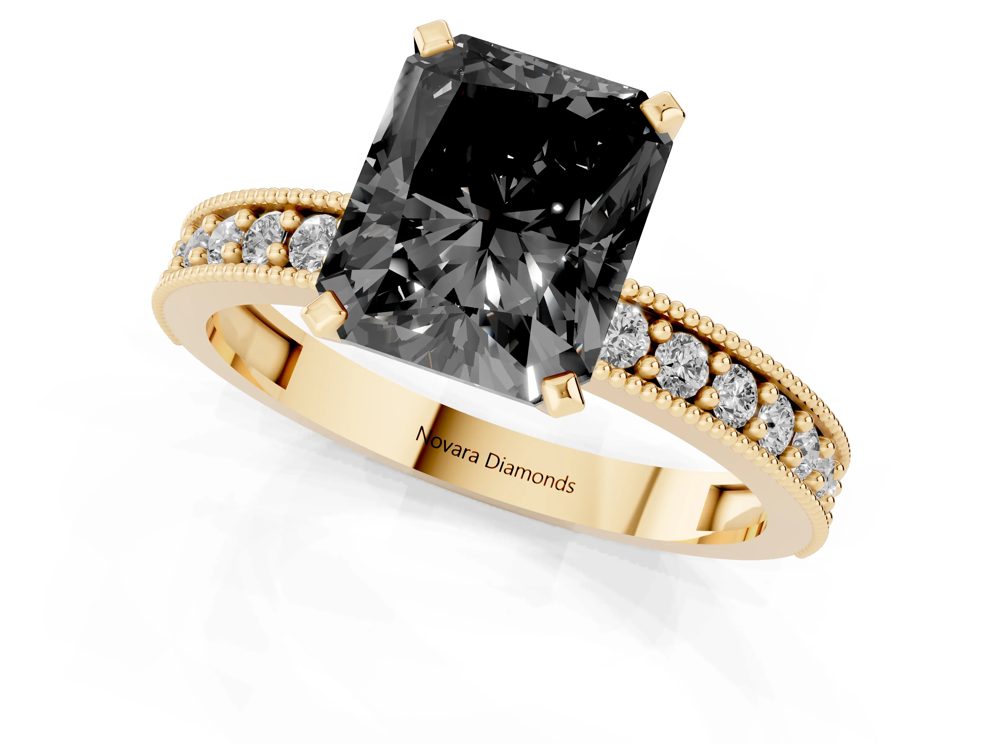 Fancy Black Radiant Cut Diamond Milgrain Pavé Engagement Ring Set in Yellow gold with Prong Setting