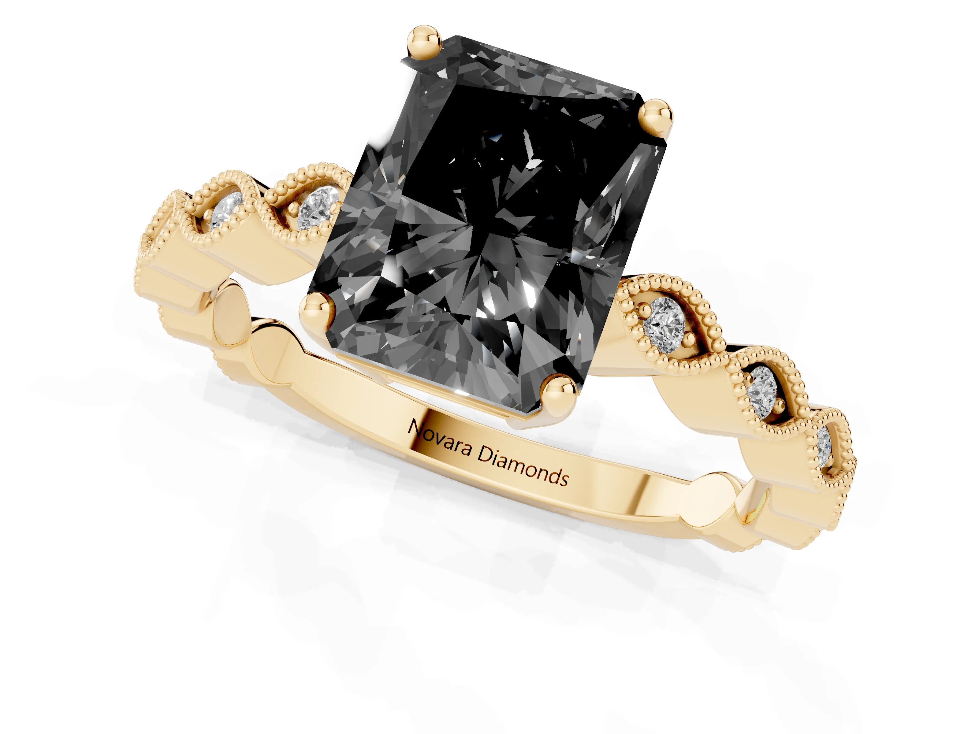 Fancy Black Radiant Cut Diamond Solitaire Ring Set in Yellow gold with Infinity Twist Pavé Band