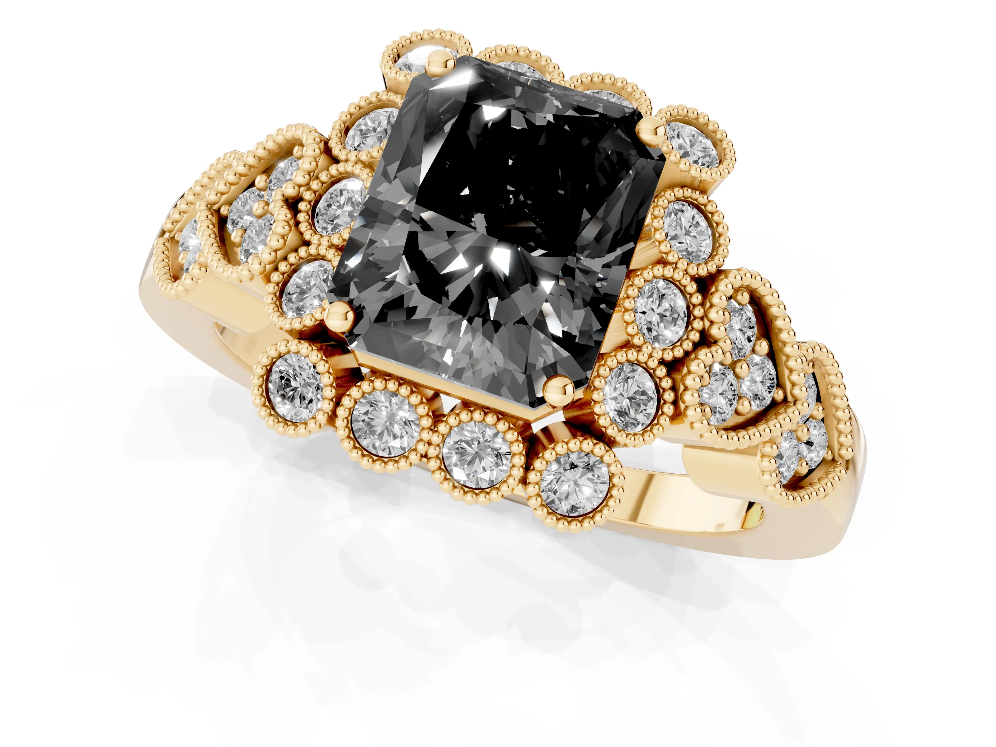 Fancy Black Radiant Cut Diamond Solitaire Ring Set in Yellow gold with Milgrain Pavé Heart Band