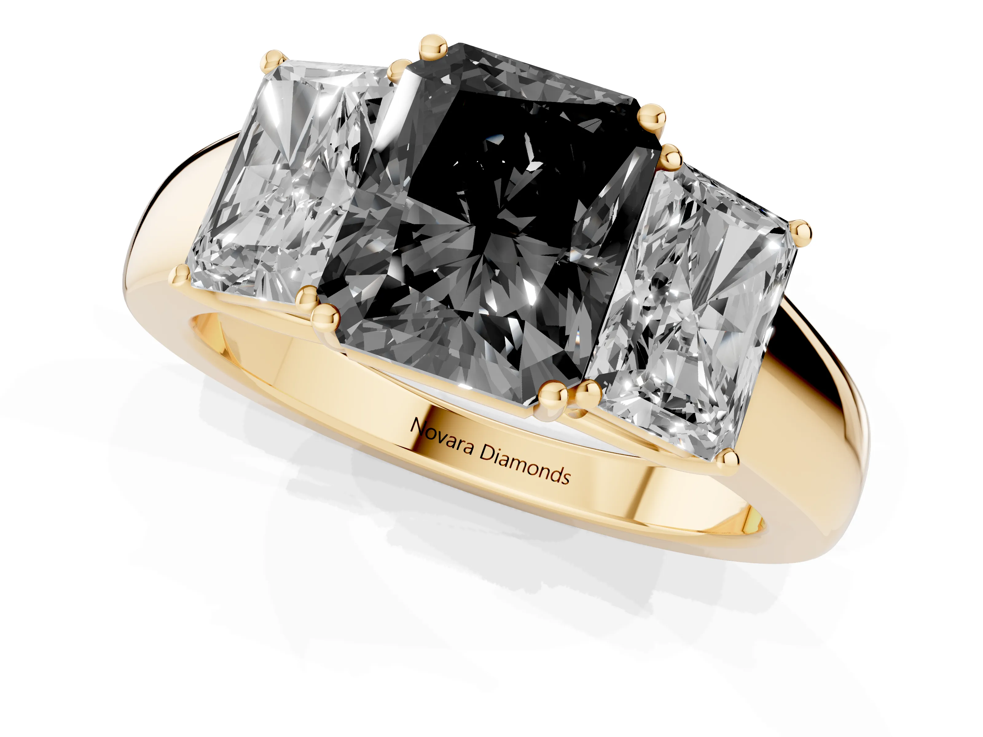 Fancy Black Three-Stone Radiant Cut Diamond Ring Set in Yellow gold with Matching Prong Settings and Plain Band