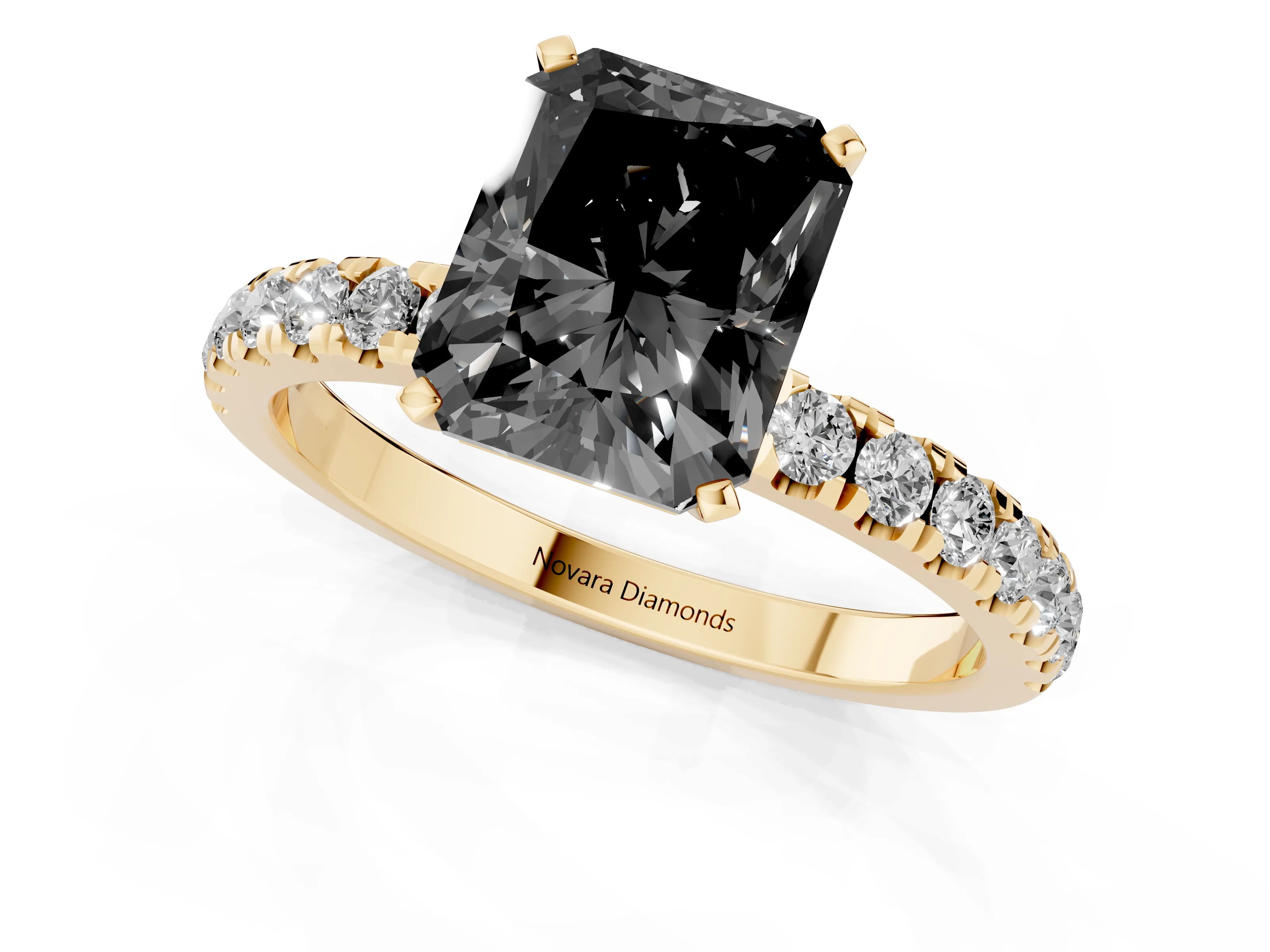 Fancy Black Radiant Cut Diamond Solitaire Ring Set in Yellow gold with Pavé Accents and Prong Setting