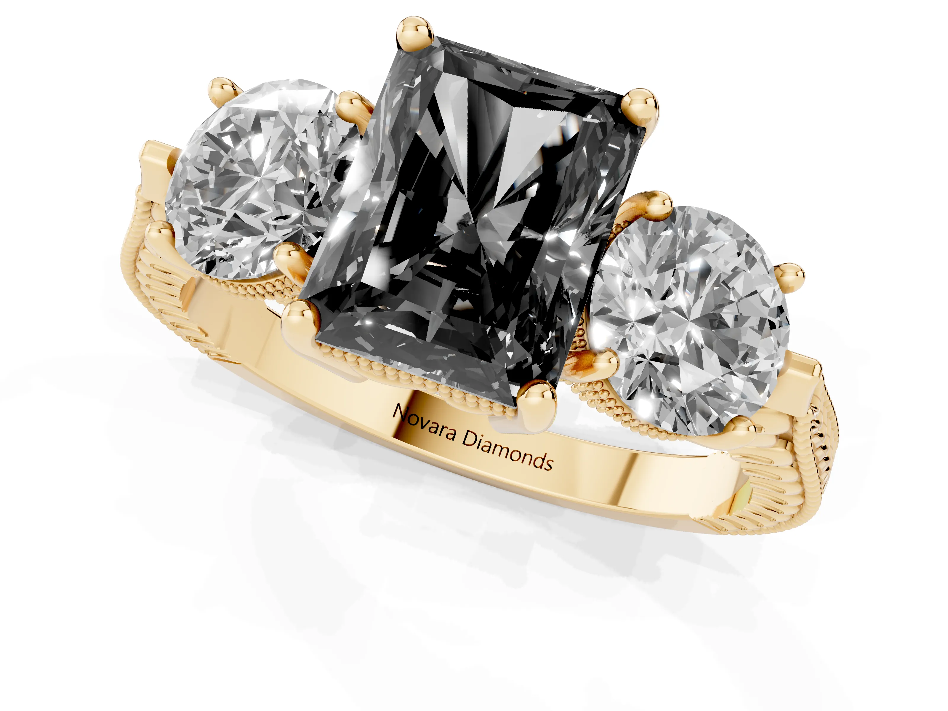 Fancy Black Radiant Cut Diamond Three-Stone Ring Set in Yellow gold with Milgrain Band
