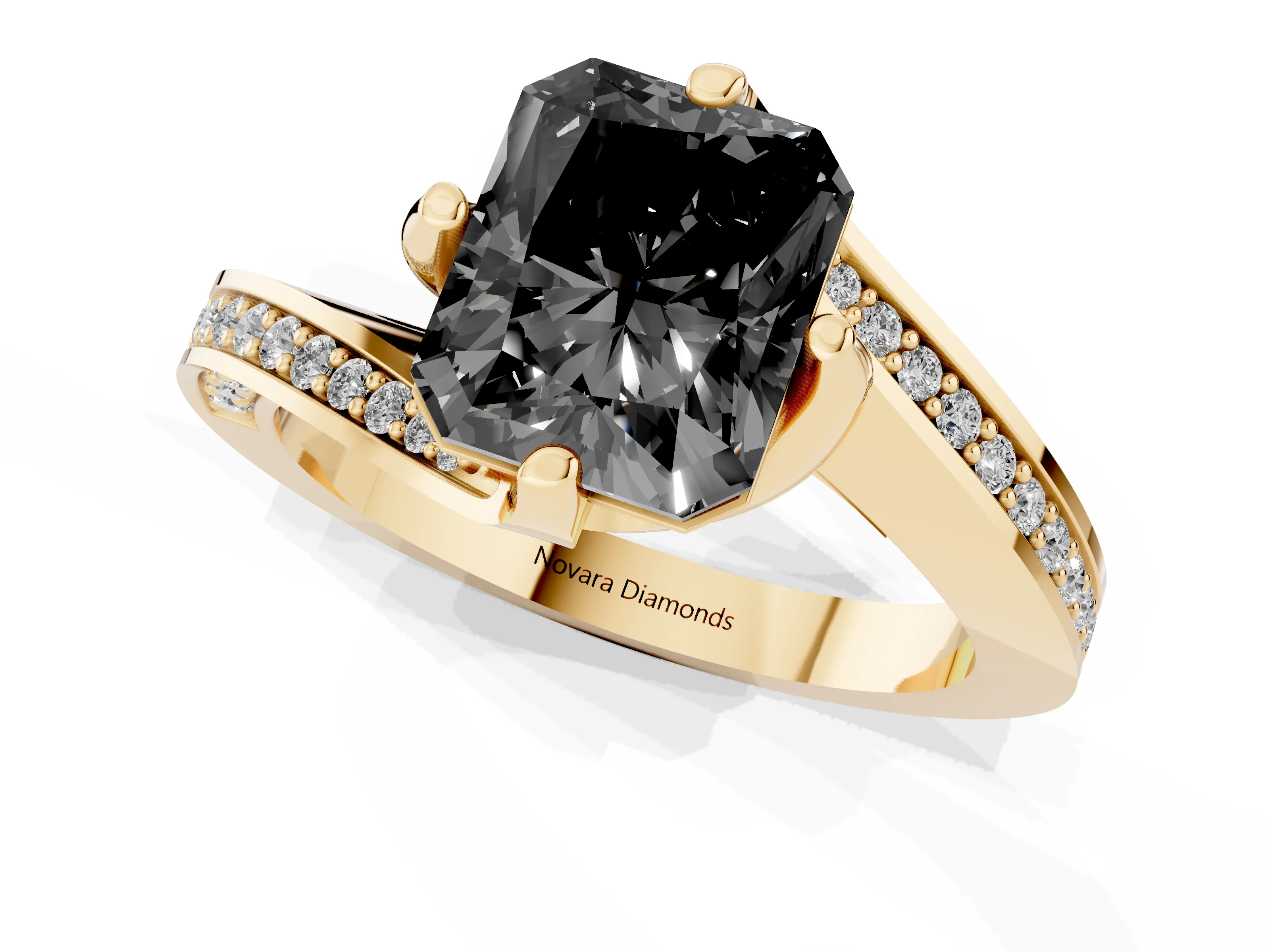 Fancy Black Radiant Cut Diamond Solitaire Ring Set in Yellow gold with Intertwined Pavé Twist Band