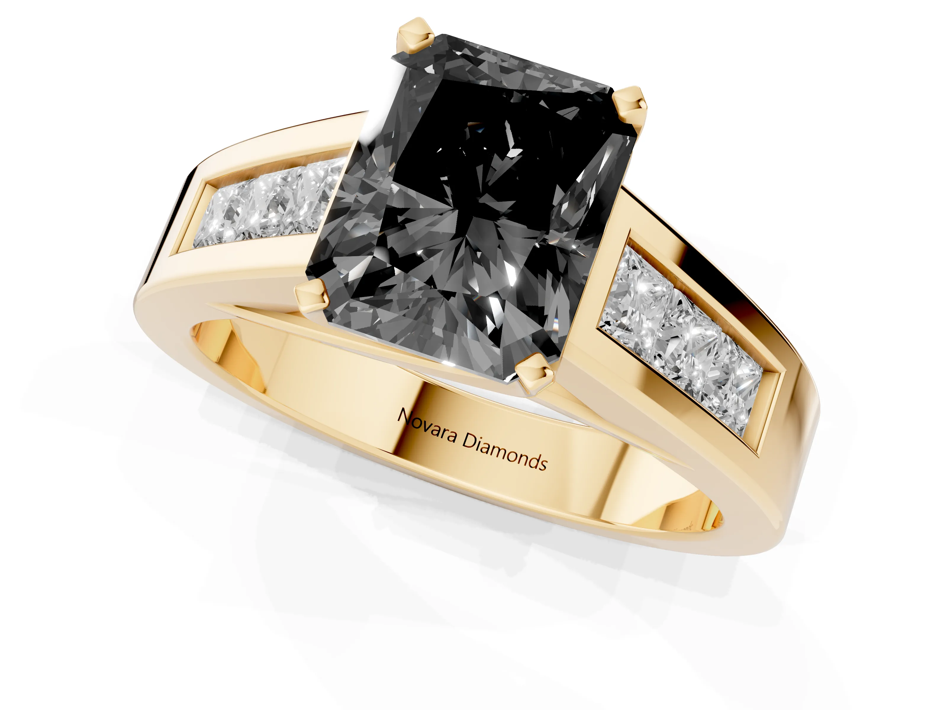 Fancy Black Radiant Cut Diamond Solitaire Ring Set in Yellow gold with Channel-Set Accent Stones and Prong Setting