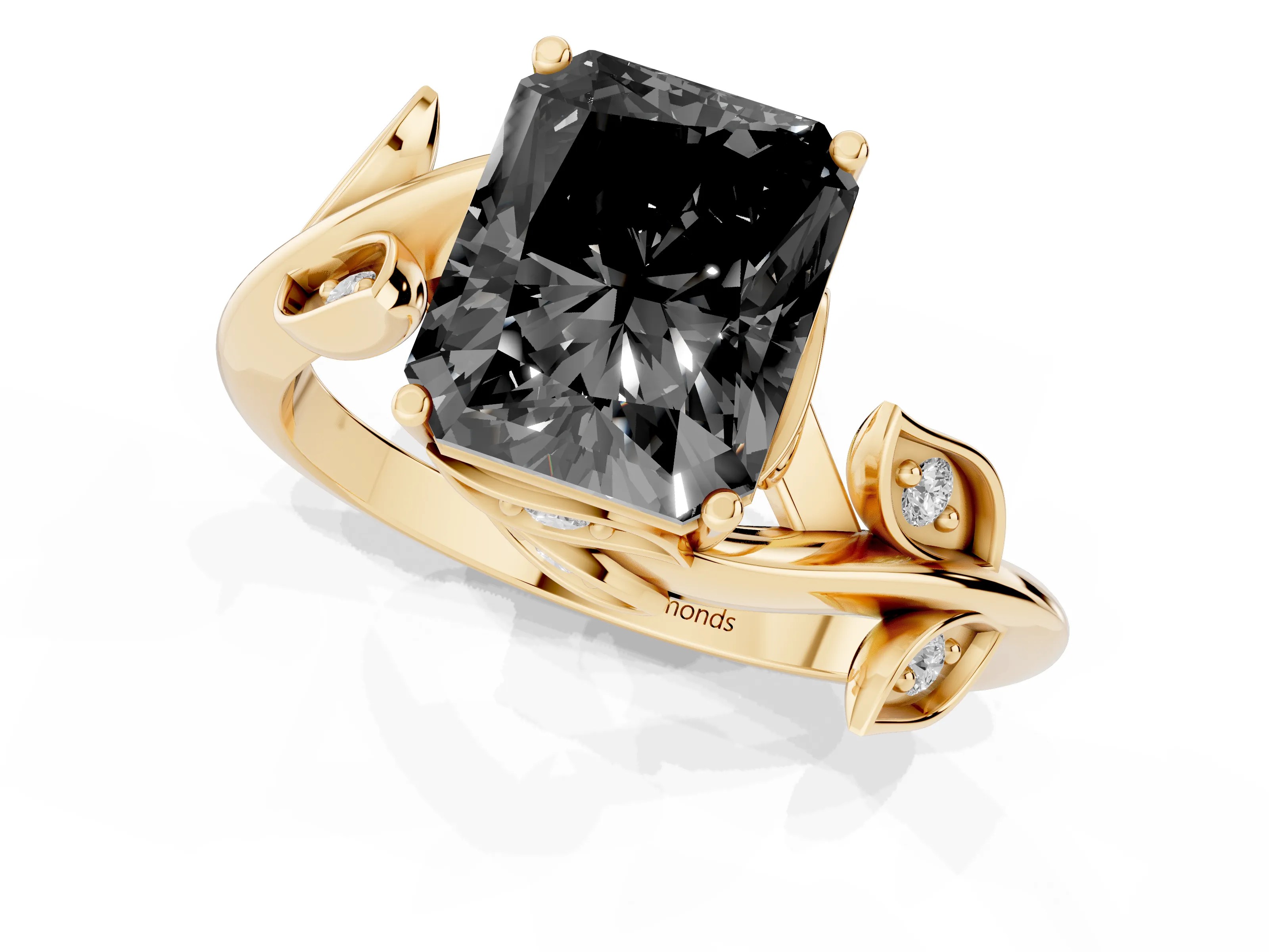 Fancy Black Radiant Cut Diamond Solitaire Twist Engagement Ring Set in Yellow gold with Pavé Leaf Accents
