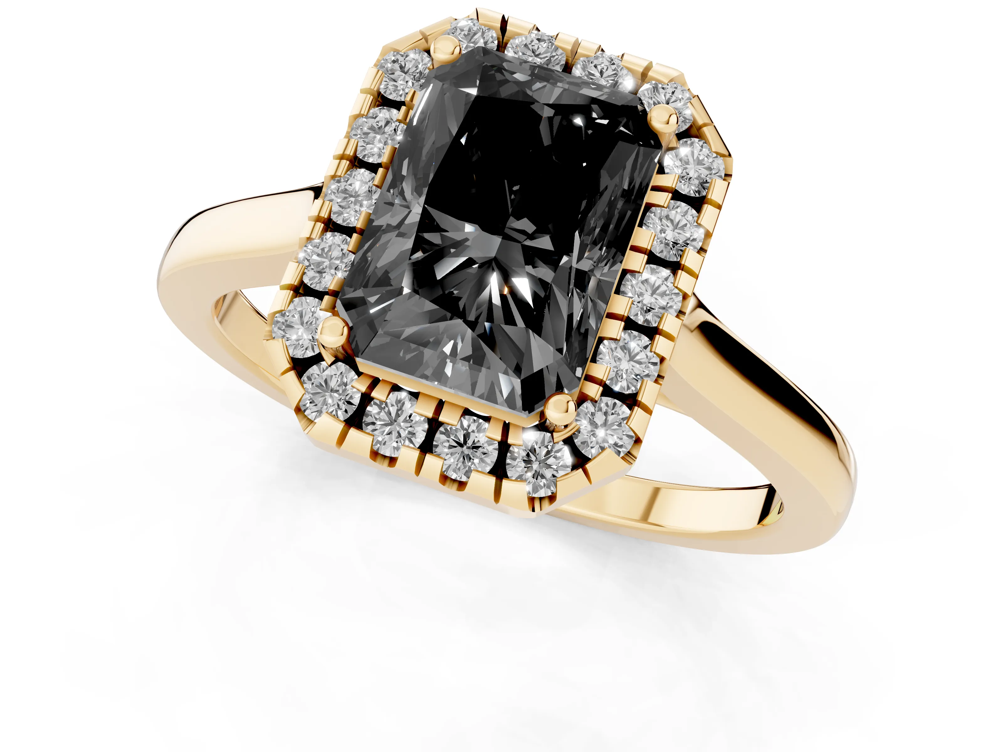 Fancy Black Radiant Cut Halo Round Diamond Solitaire Ring Set in Yellow gold with Pavé Band and Prong Setting