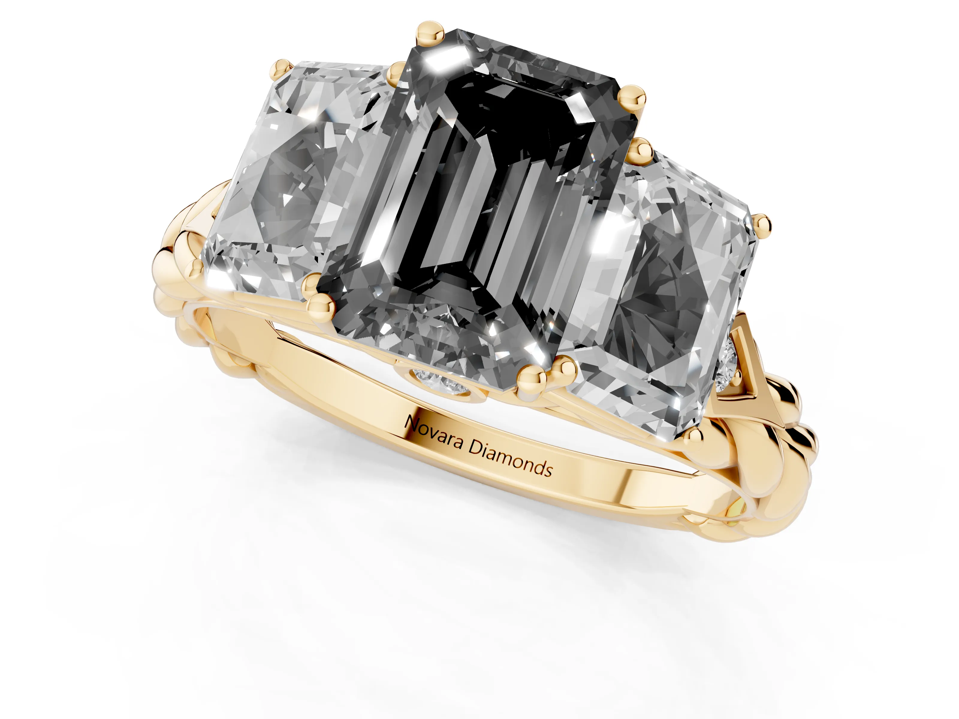 Fancy Black Radiant Cut Diamond Three-Stone Ring Set in Yellow gold with Braided Band