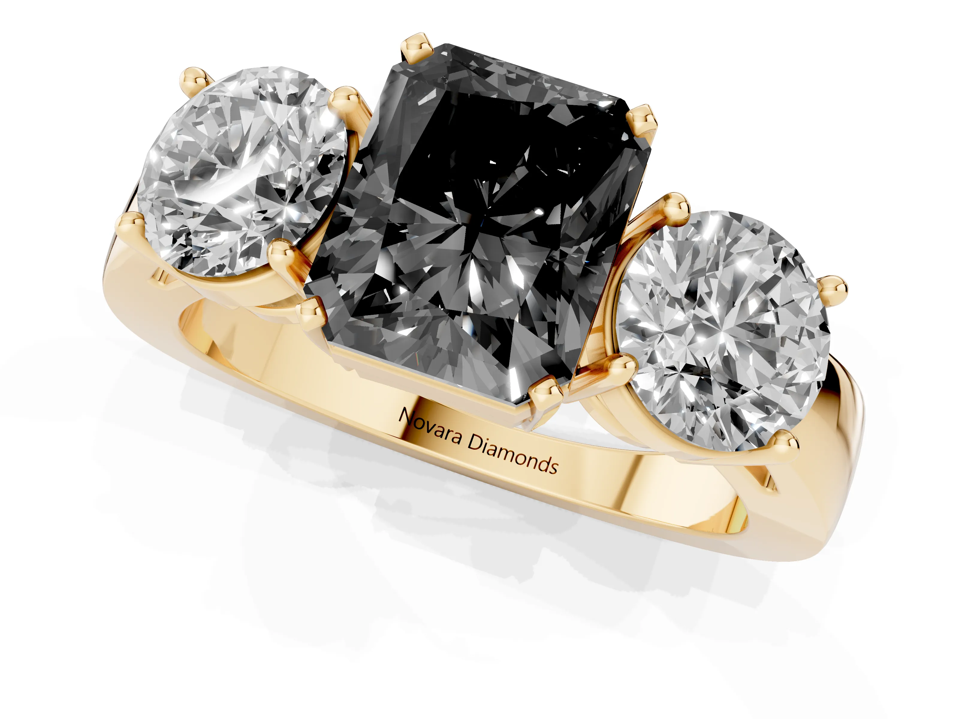 Fancy Black Radiant Cut Diamond Three-Stone Ring Set in Yellow gold with Round Side Stones and Classic Band