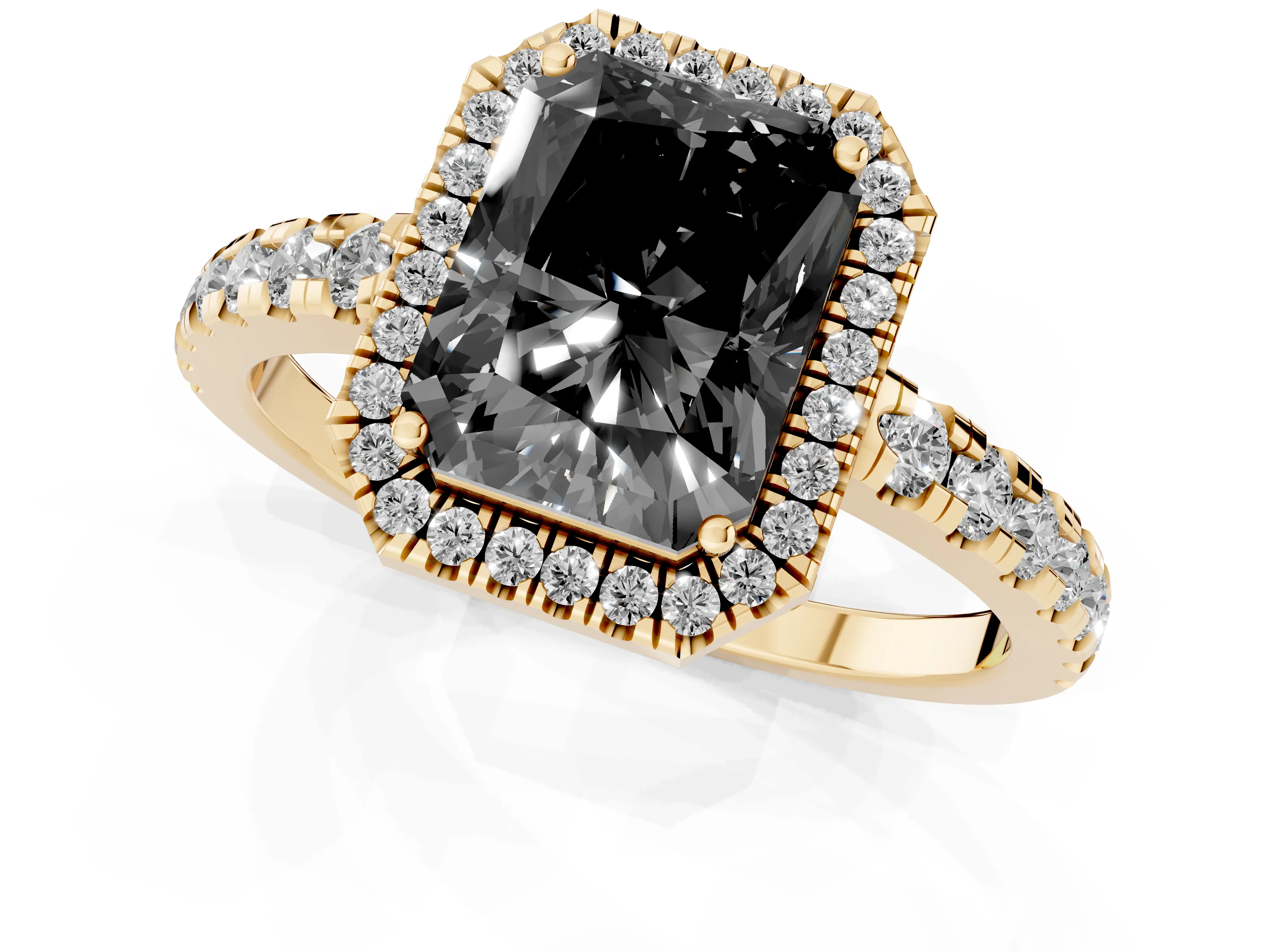Fancy Black Radiant Cut Diamond Halo Ring Set in Yellow gold with Delicate Pavé Band and Prong Setting