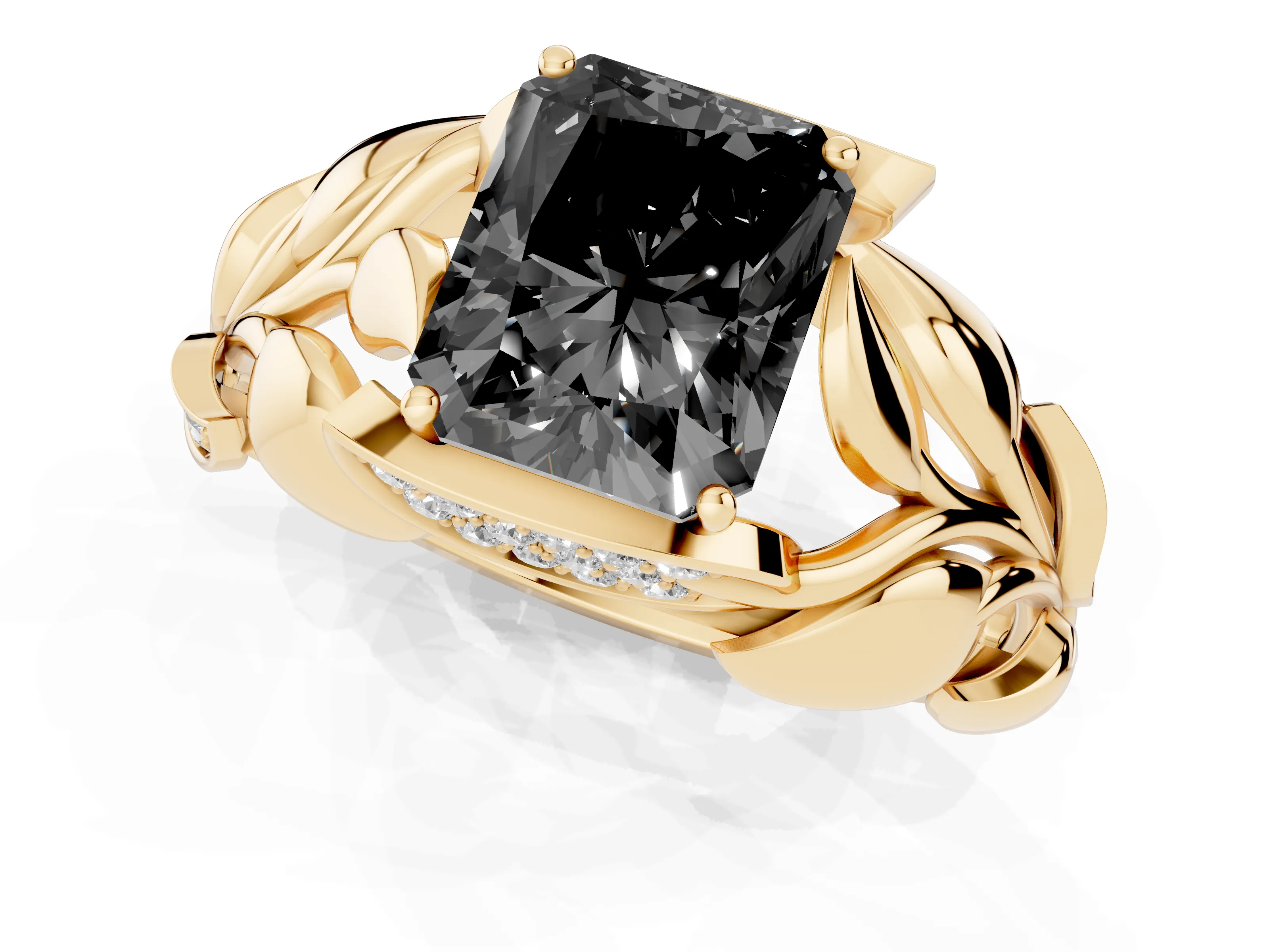 Fancy Black Radiant Cut Diamond Leaf-Inspired Engagement Ring Set in Yellow gold with Round Accents