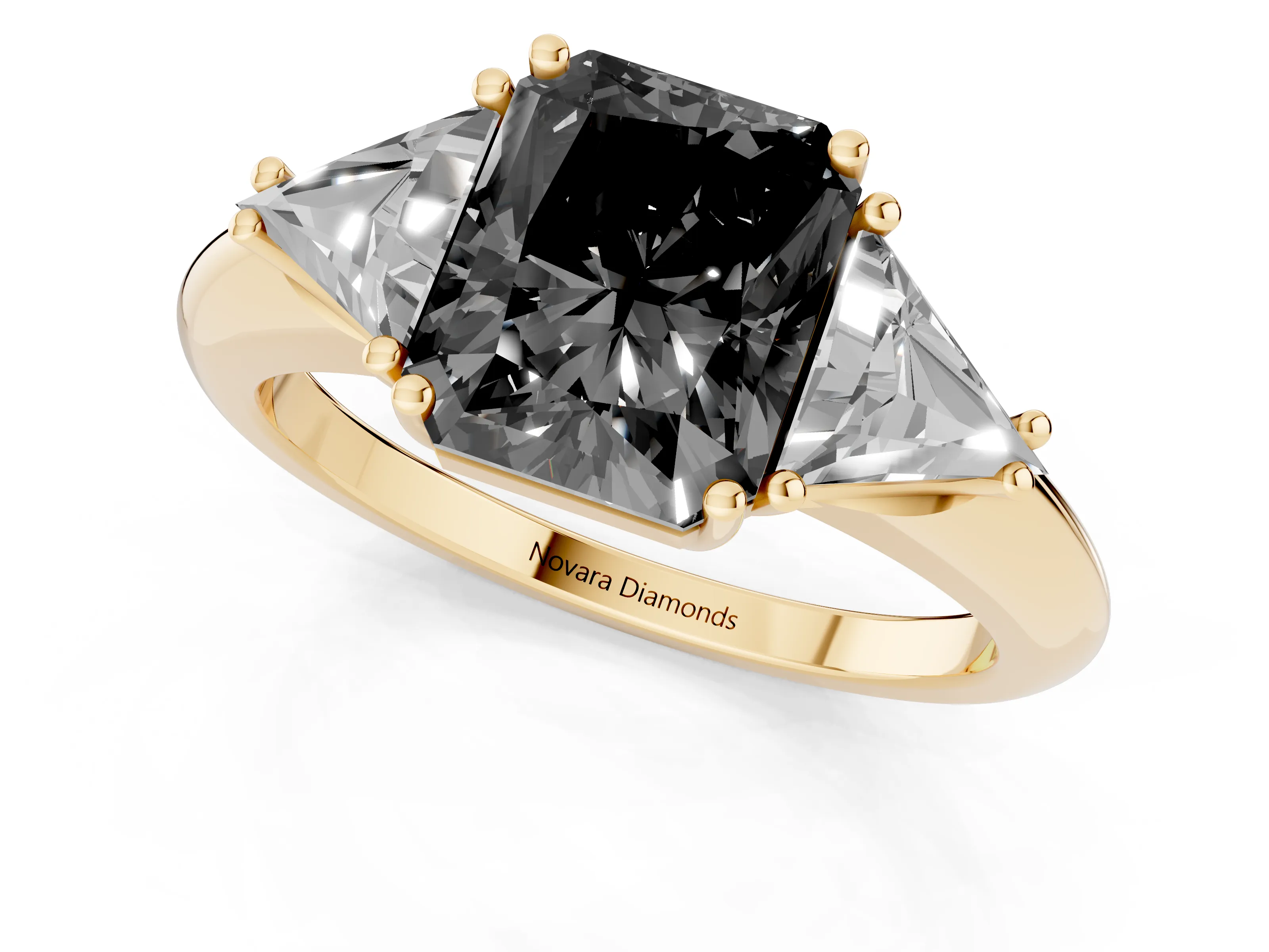 Fancy Black Radiant Cut Diamond Three-Stone Engagement Ring Set in Yellow gold with Trillion Side Stones