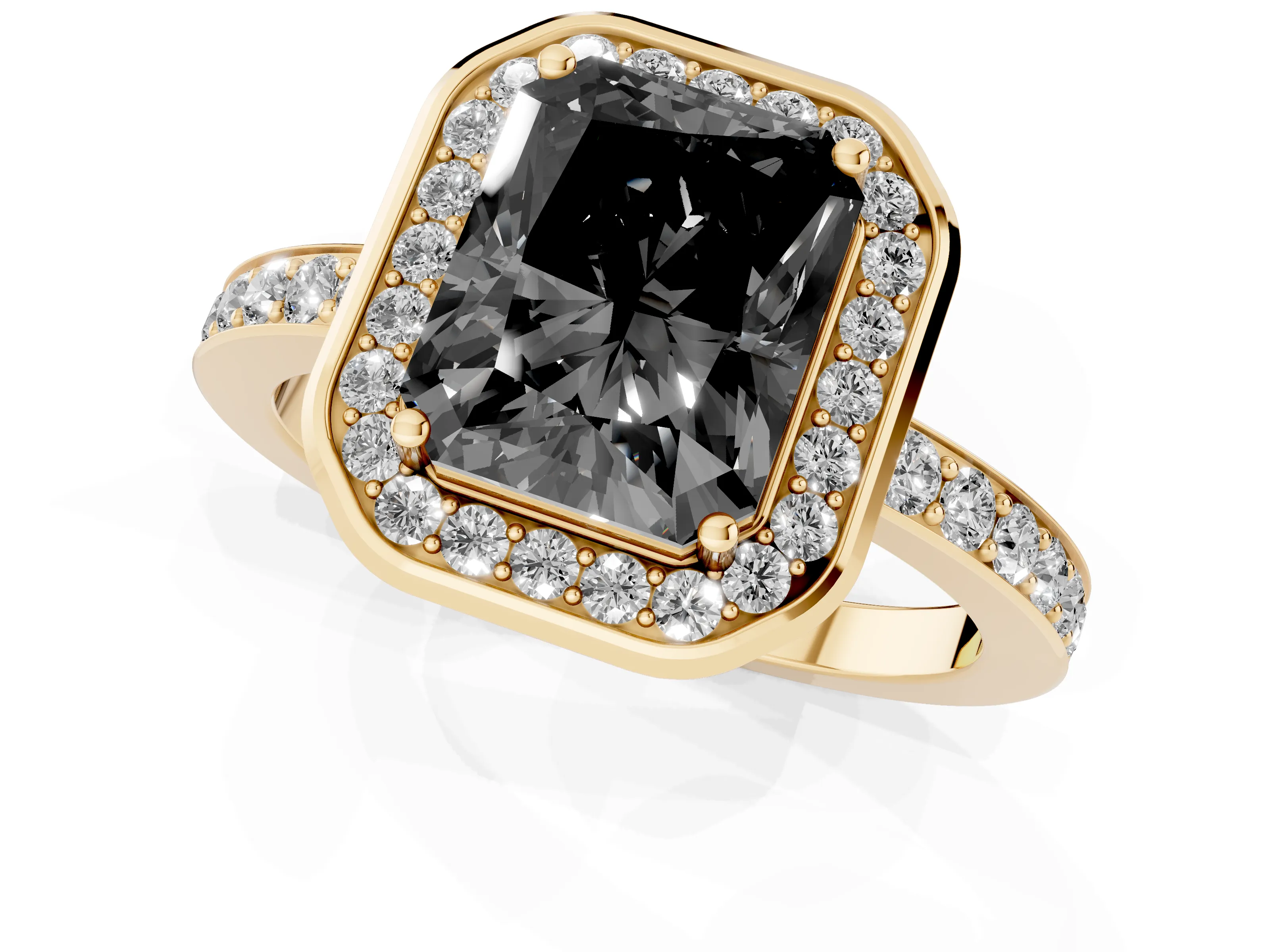 Fancy Black Radiant Cut Diamond Halo Ring Set in Yellow gold with Bezel Frame and Pavé Band