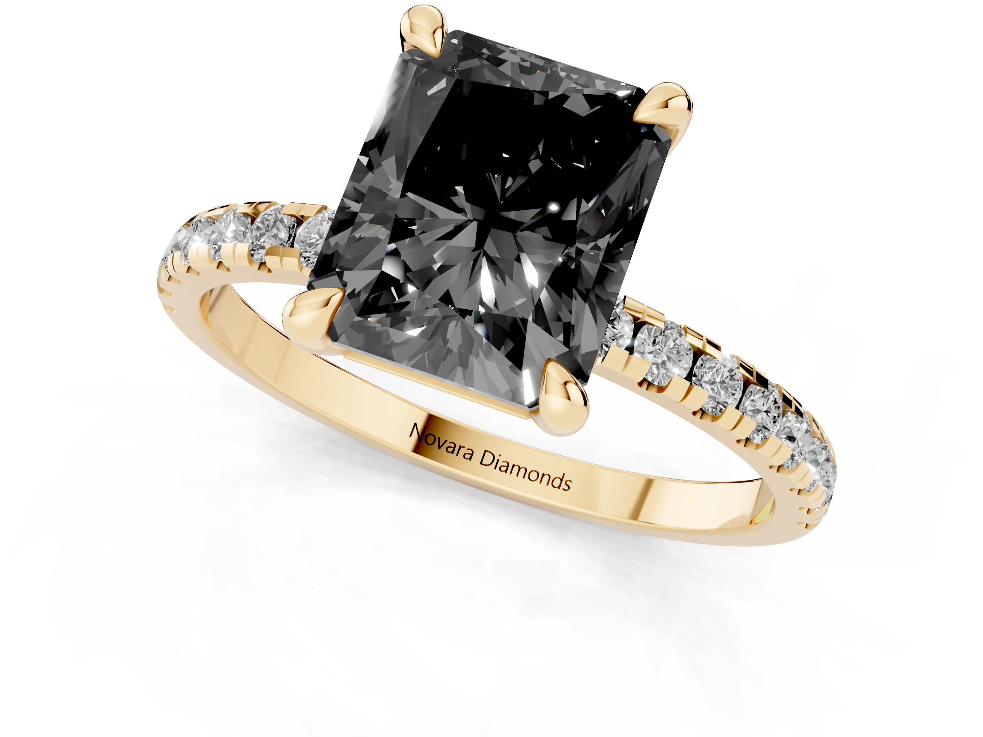 Fancy Black Radiant Cut Diamond Brilliant Solitaire Ring Set in Yellow gold with Pavé Band and Prong Setting