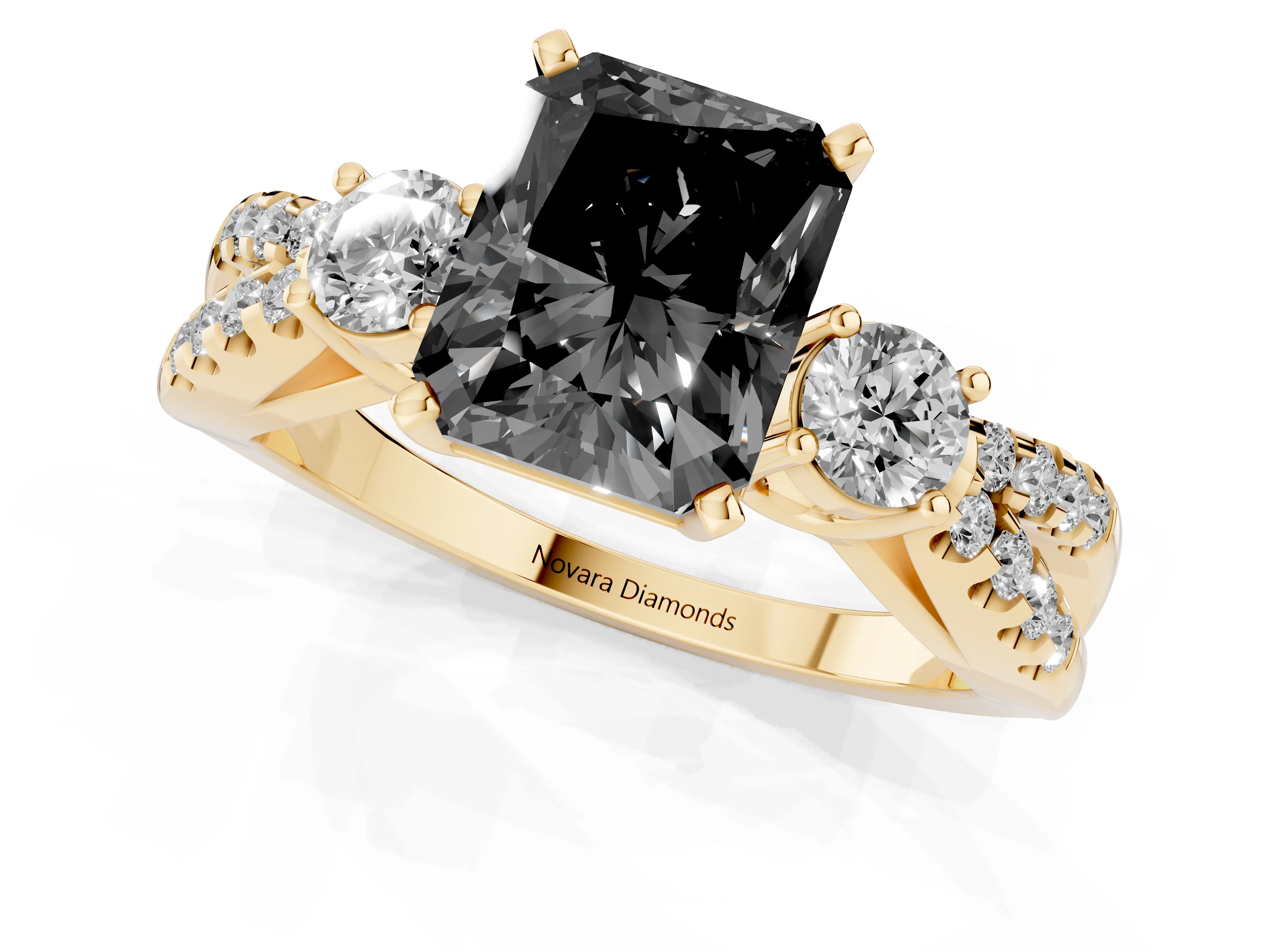 Fancy Black Radiant Cut Diamond Three-Stone Ring Set in Yellow gold with Pavé Split Shank and Prong Setting