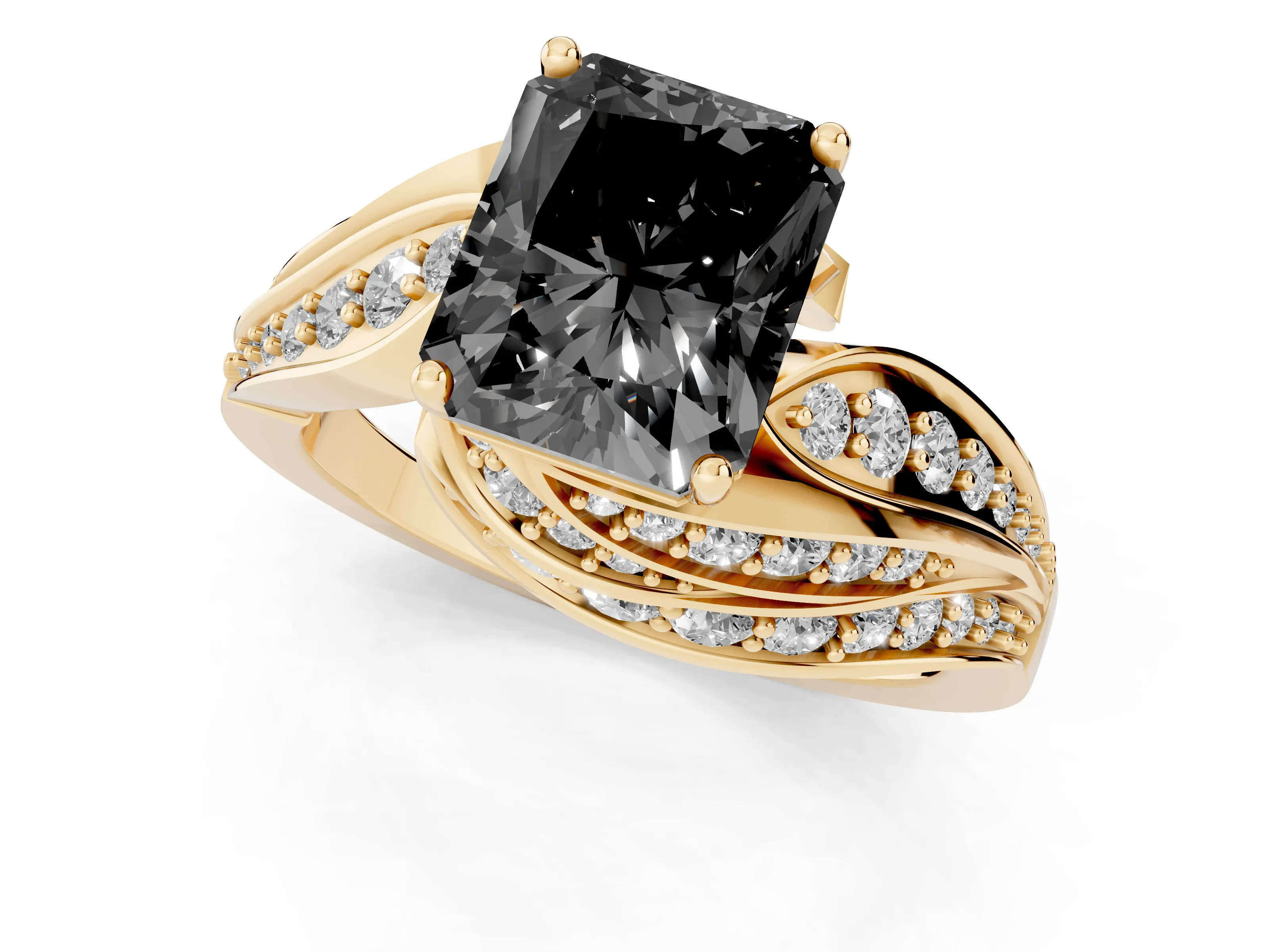 Fancy Black Radiant Cut Diamond Solitaire Ring Set in Yellow gold with Layered Twist Pavé Band