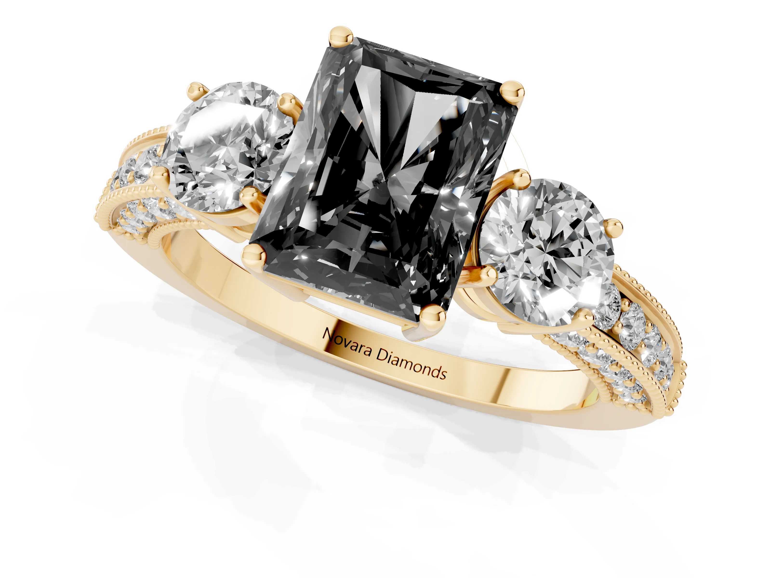 Fancy Black Radiant Cut Diamond Three-Stone Ring Set in Yellow gold with Round Side Stones and Pavé Band
