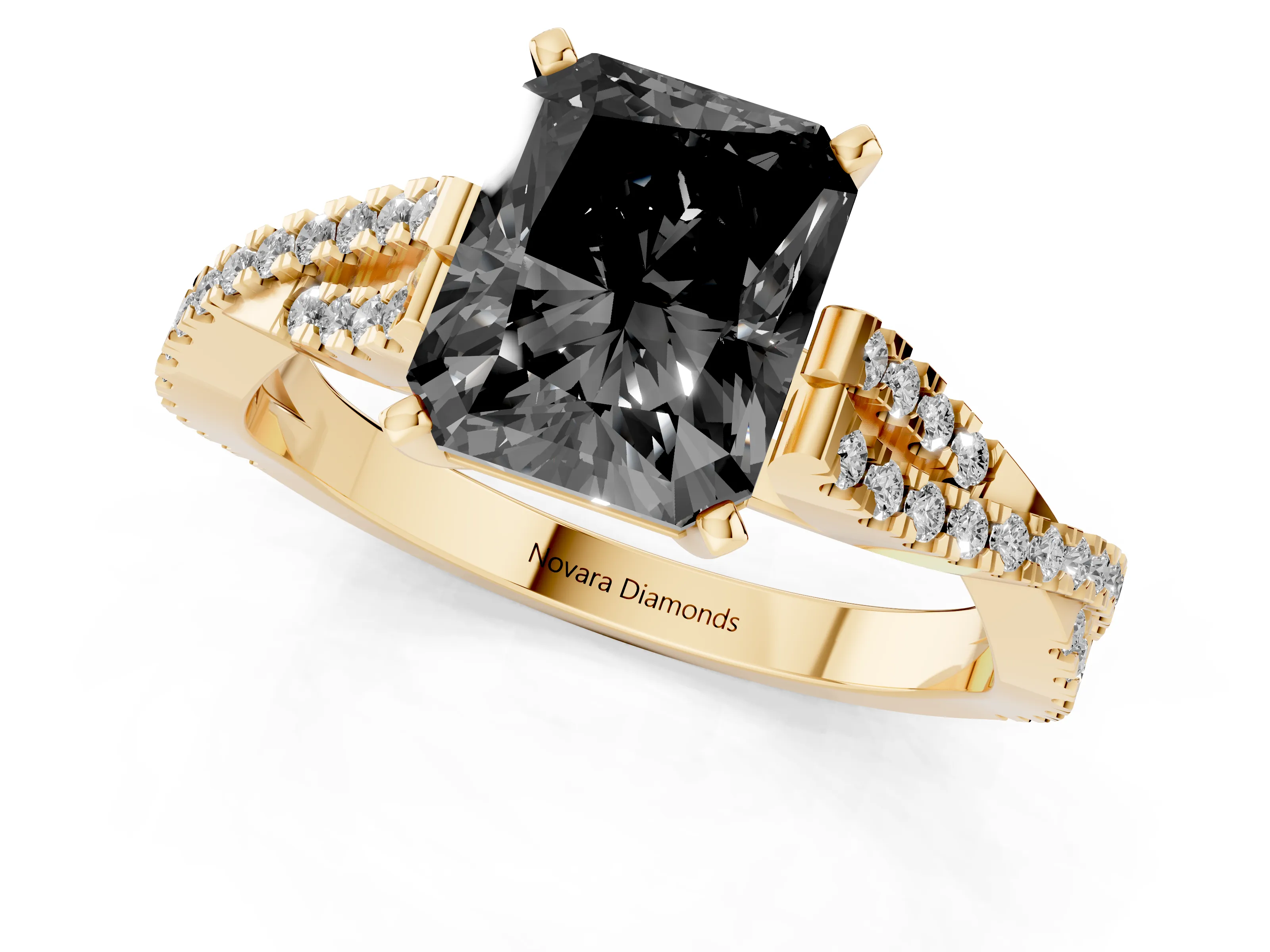 Fancy Black Radiant Cut Diamond Solitaire Engagement Ring Set in Yellow gold with Twisted Pavé Band and Prong Setting