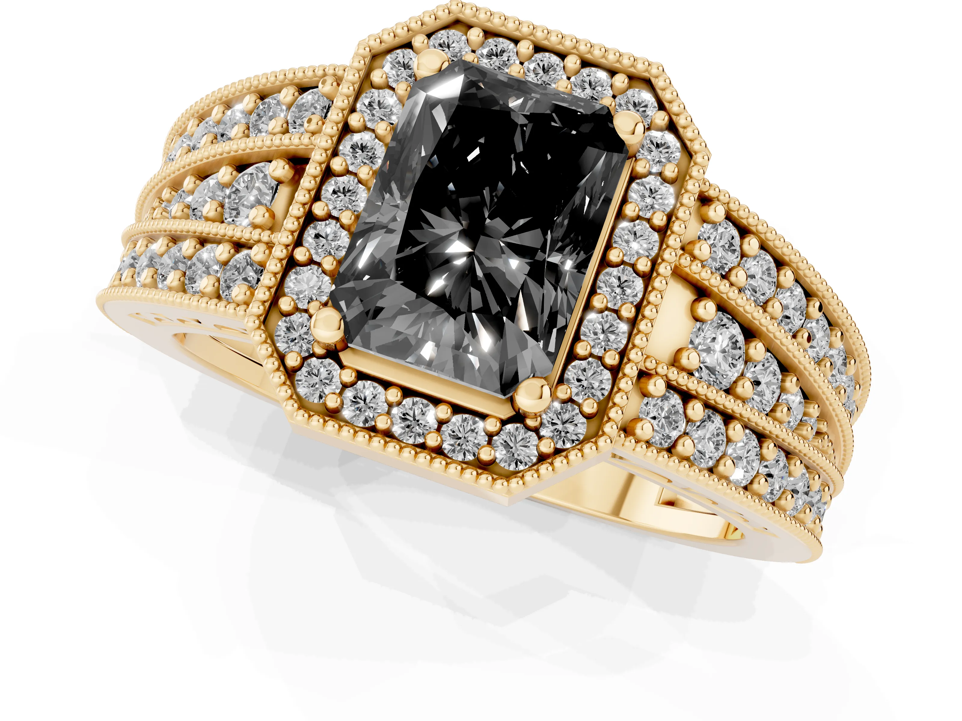 Fancy Black Radiant Cut Diamond Halo Ring Set in Yellow gold with Accent Split Shank and Prong Setting
