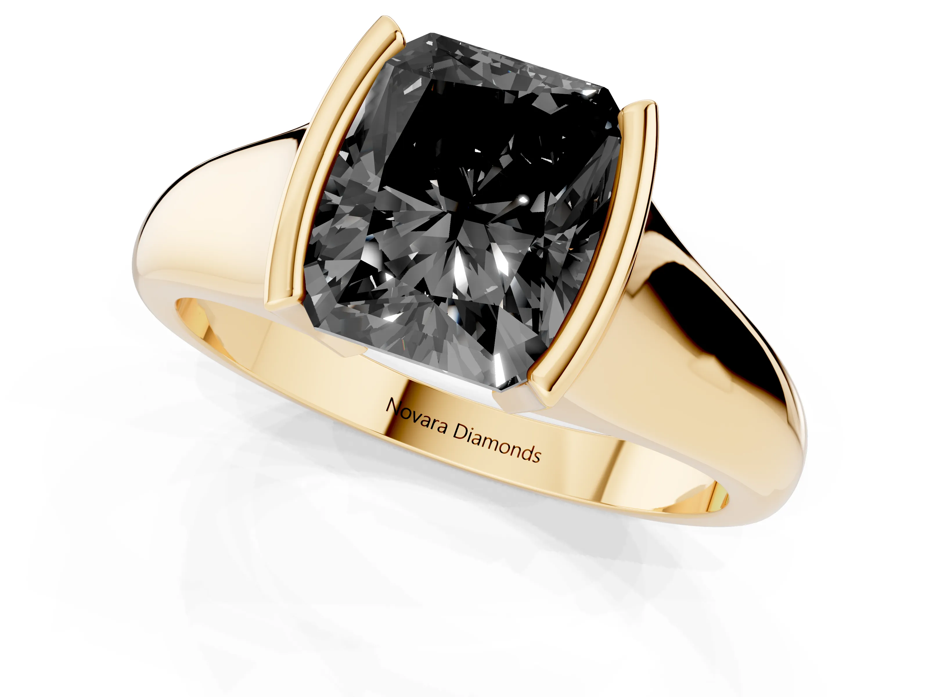 Fancy Black Radiant Cut Diamond Solitaire Tension Set Ring Set in Yellow gold with Split Shank Band