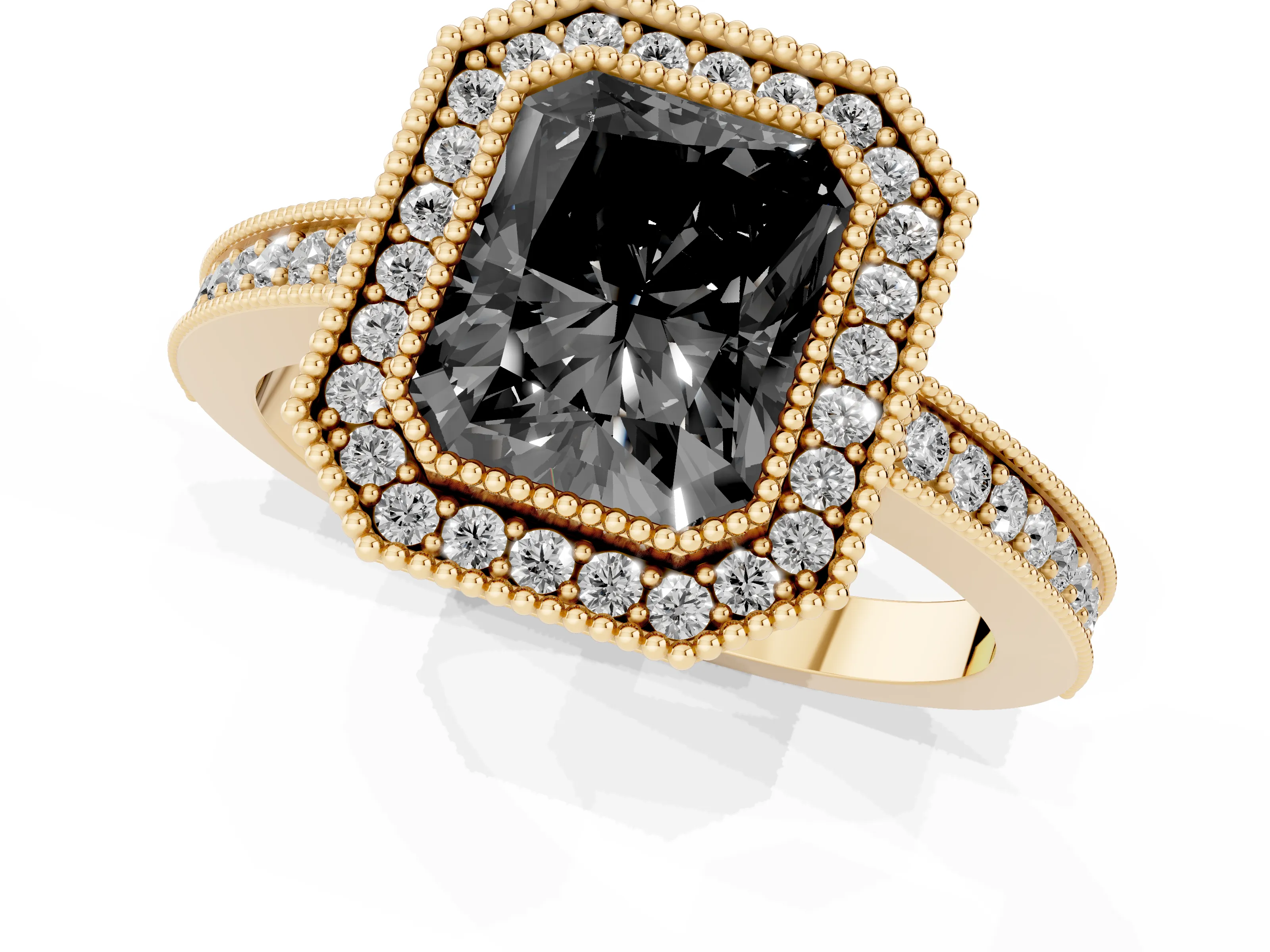 Fancy Black Radiant Cut Diamond Round Halo Ring Set in Yellow gold with Pavé Band