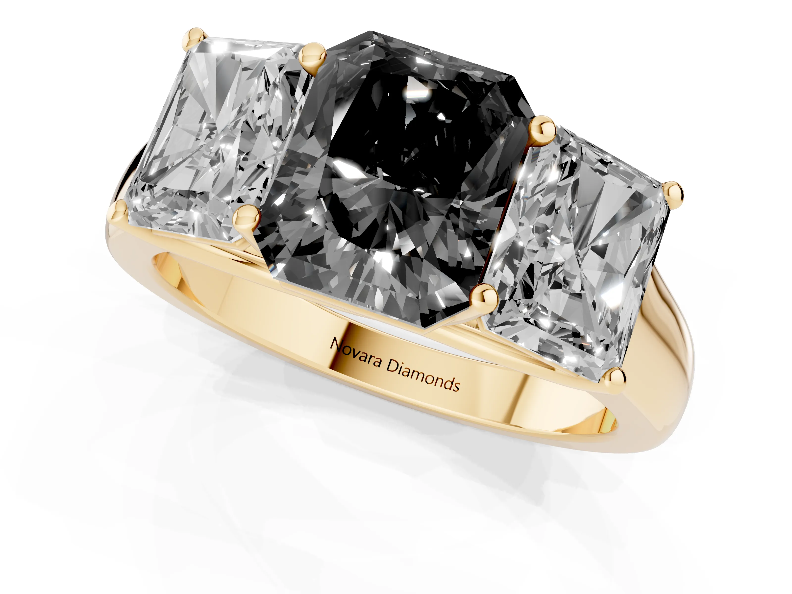 Fancy Black Radiant Cut Diamond Three-Stone Ring Set in Yellow gold with Plain Polished Band