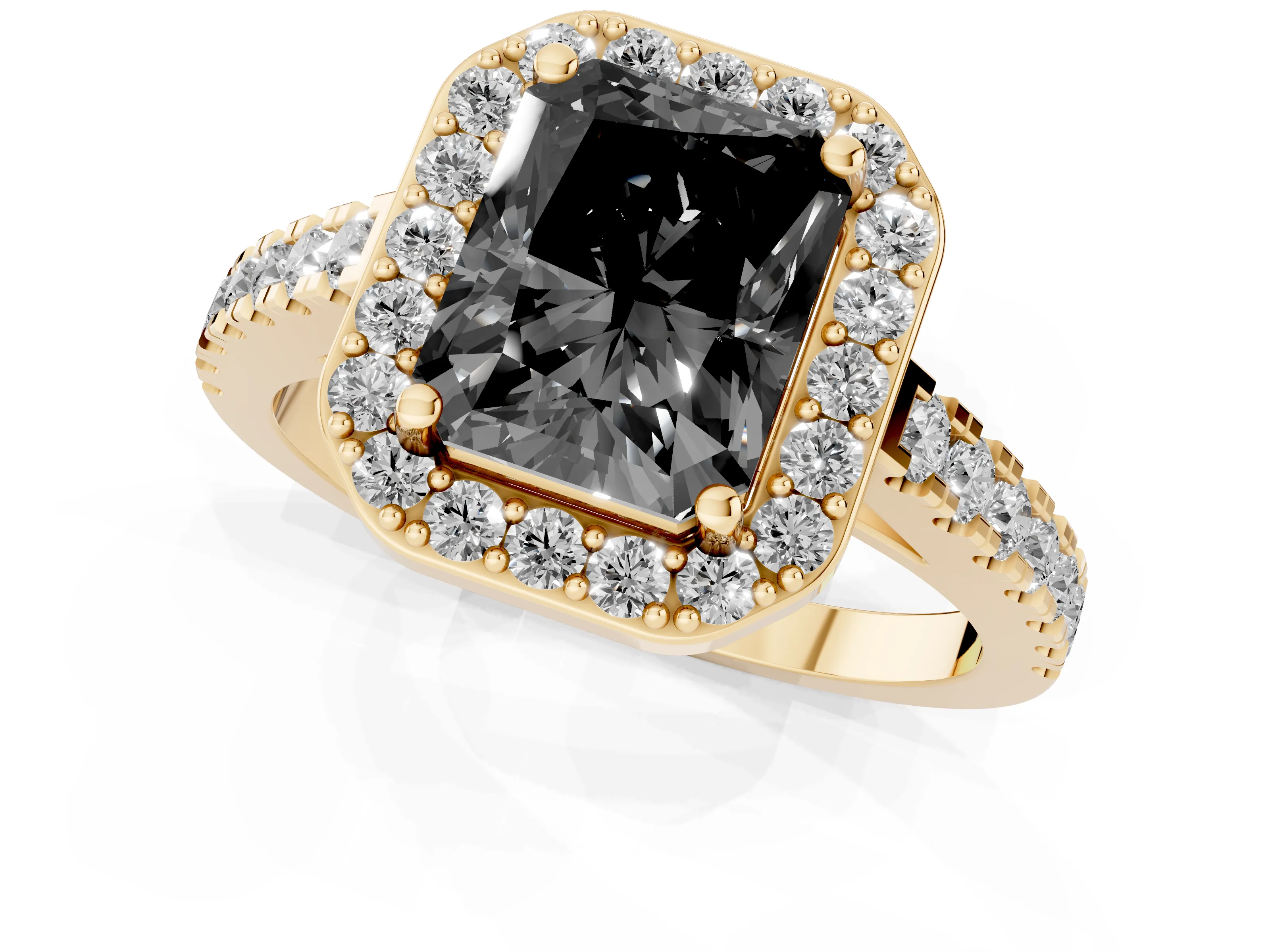 Fancy Black Radiant Cut Diamond Halo Ring Set in Yellow gold with Round Pavé Split Shank and Prong Setting