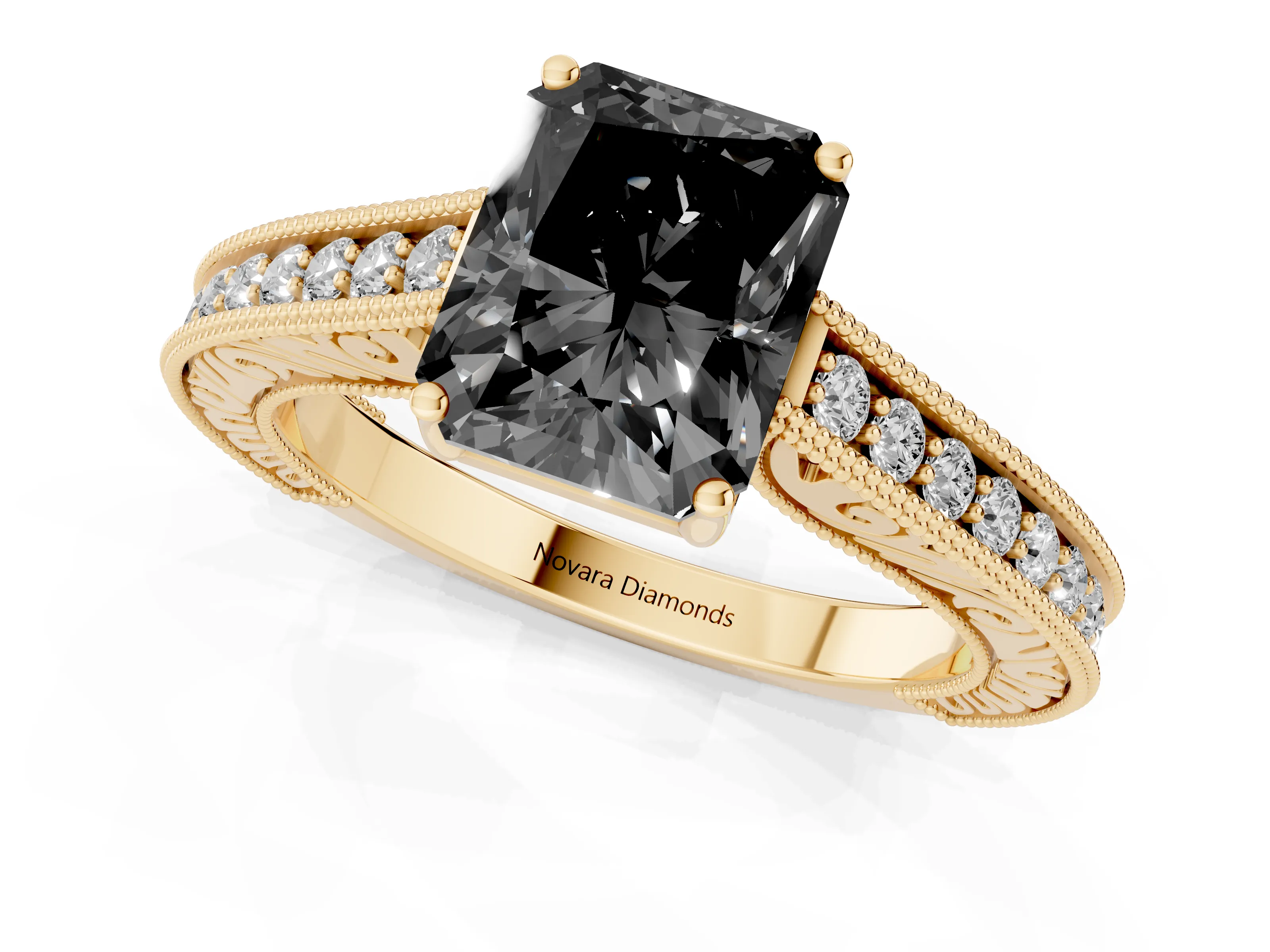 Fancy Black Radiant Cut Diamond Milgrain Pavé Band Solitaire Ring Set in Yellow gold with Prong Setting
