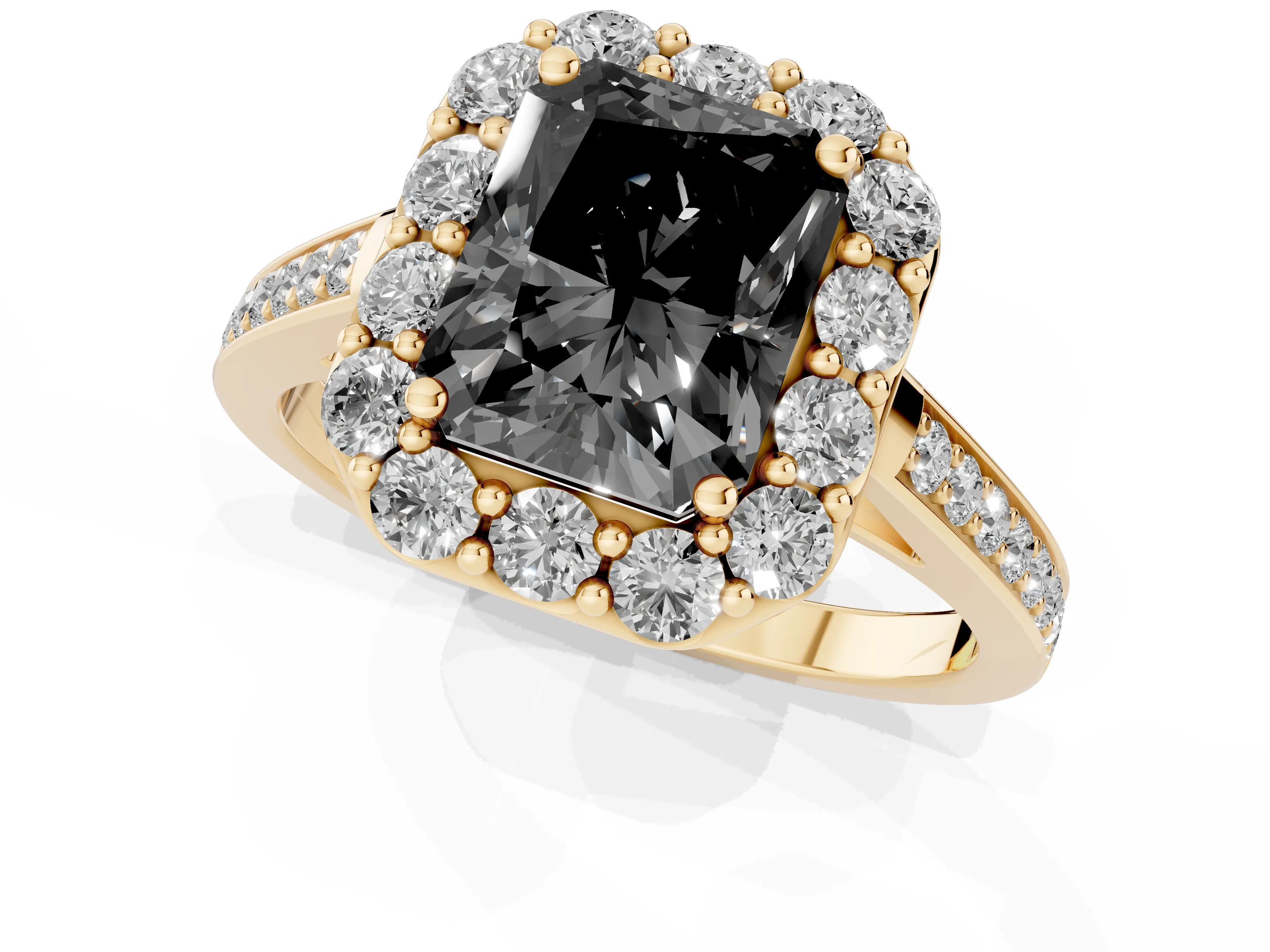 Fancy Black Radiant Cut Diamond Floral Halo Ring Set in Yellow gold with Pavé Band and Prong Setting