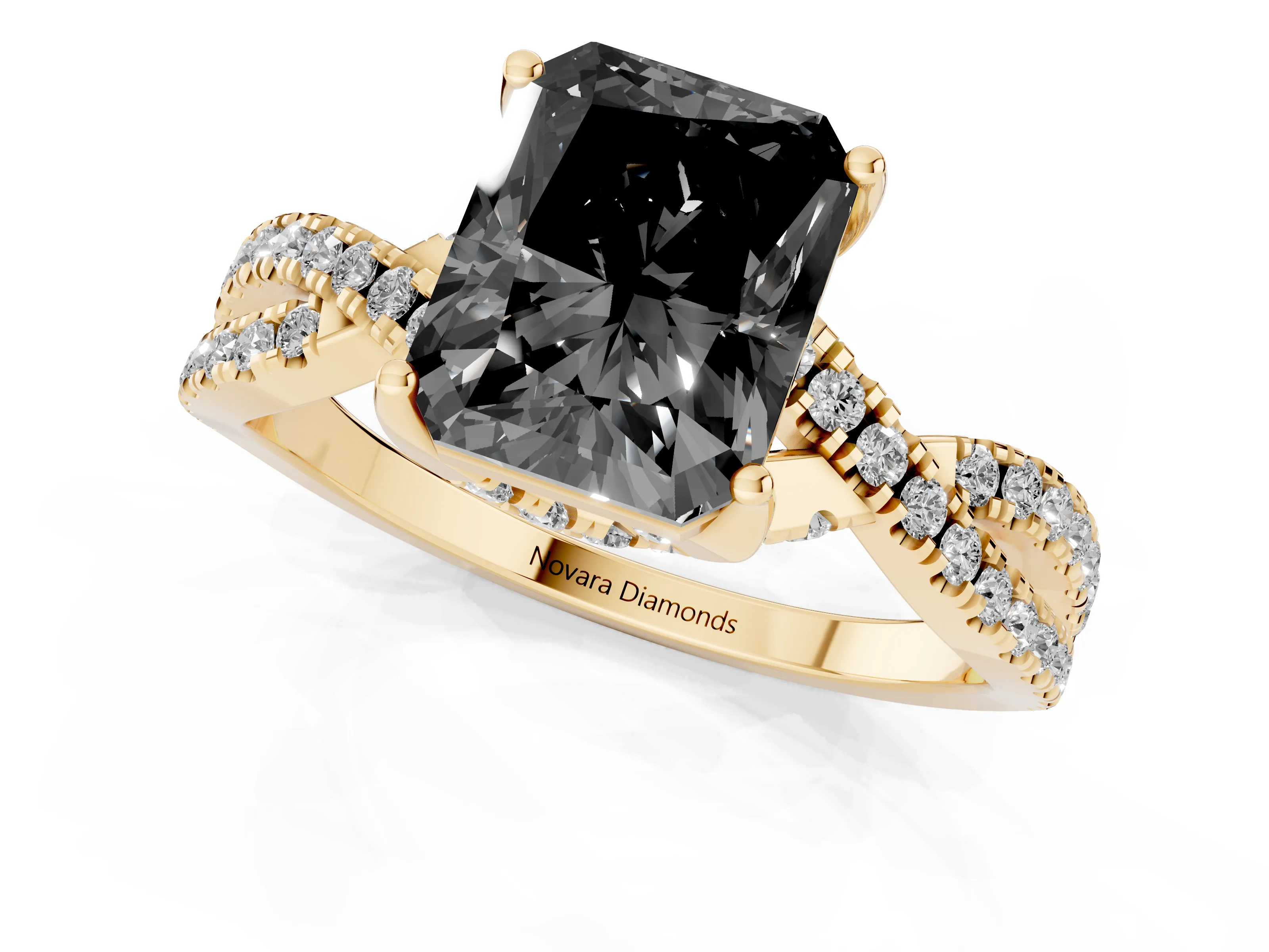 Fancy Black Radiant Cut Diamond Twist Pavé Solitaire Engagement Ring Set in Yellow gold with Prong Setting