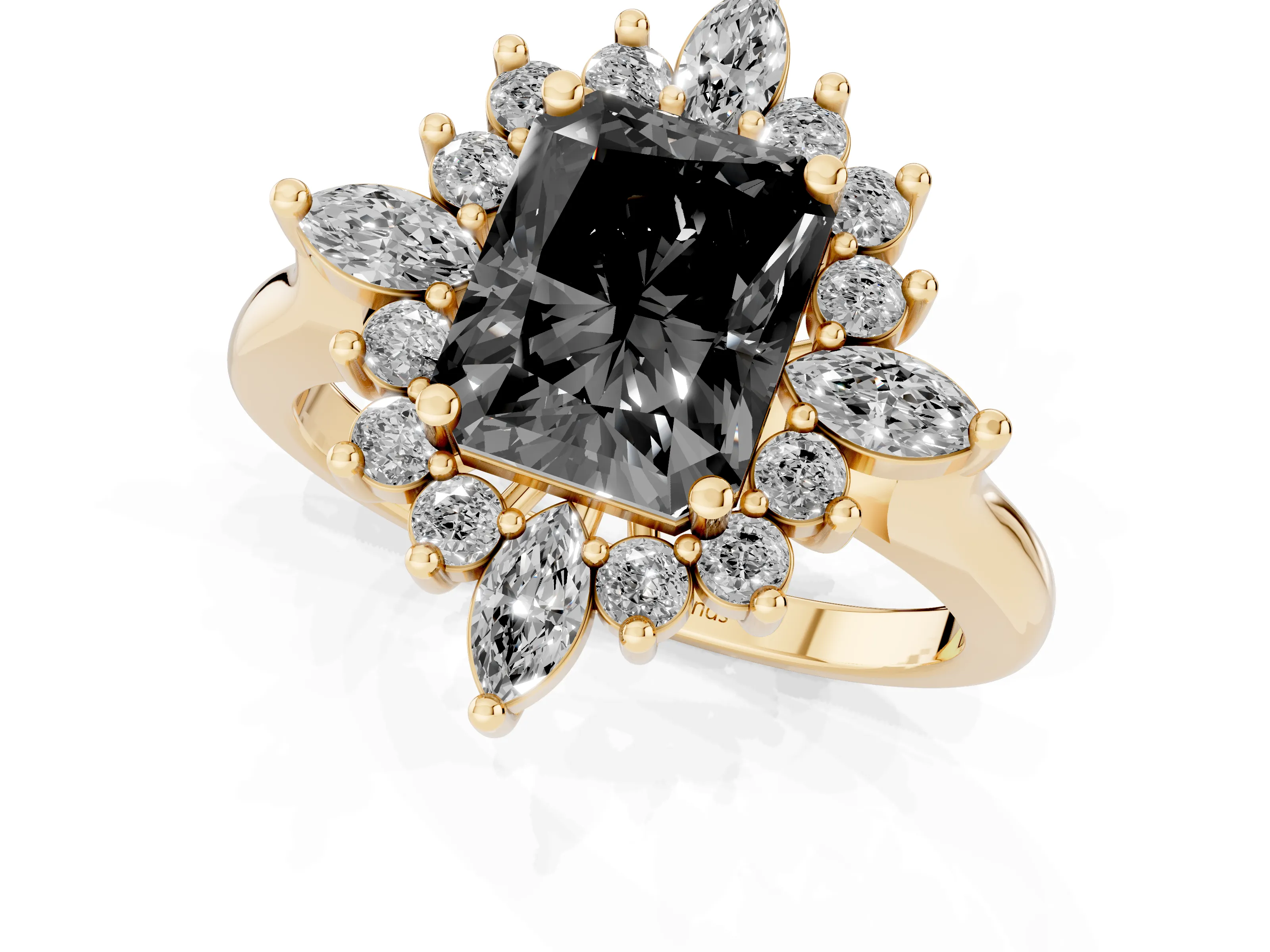 Fancy Black Radiant Cut Diamond Cluster Halo Ring Set in Yellow gold with Marquise and Round Accents