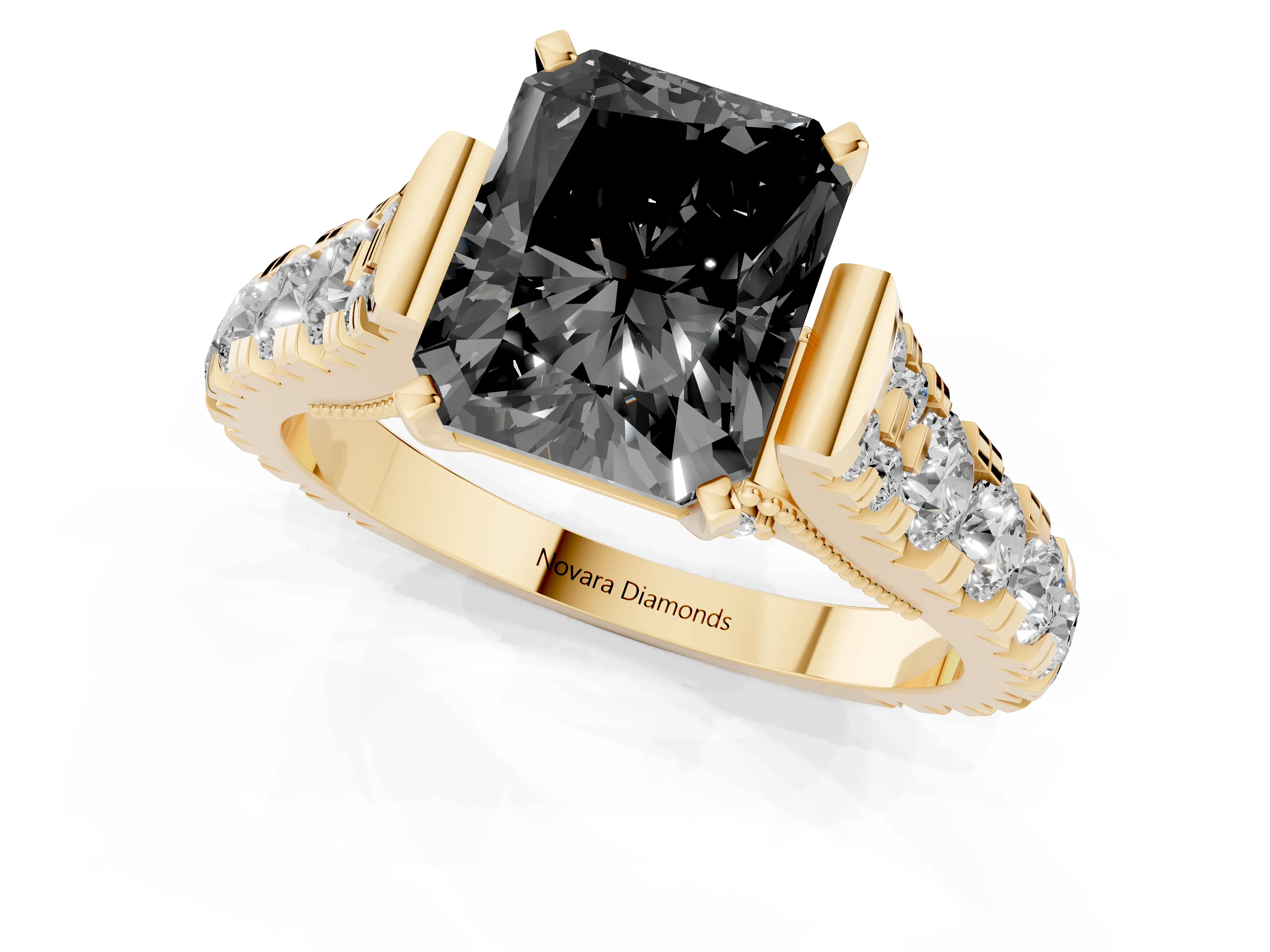 Fancy Black Radiant Cut Diamond Classic Solitaire Ring Set in Yellow gold with Pavé Band and Prong Setting
