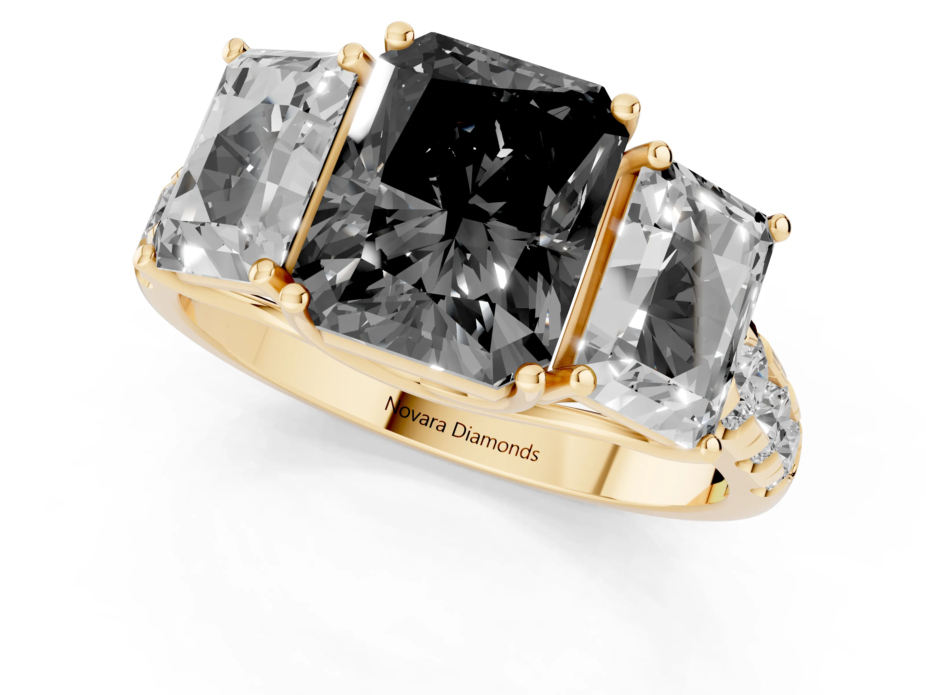 Fancy Black Radiant Cut Diamond Three-Stone Ring Set in Yellow gold with Pavé Band