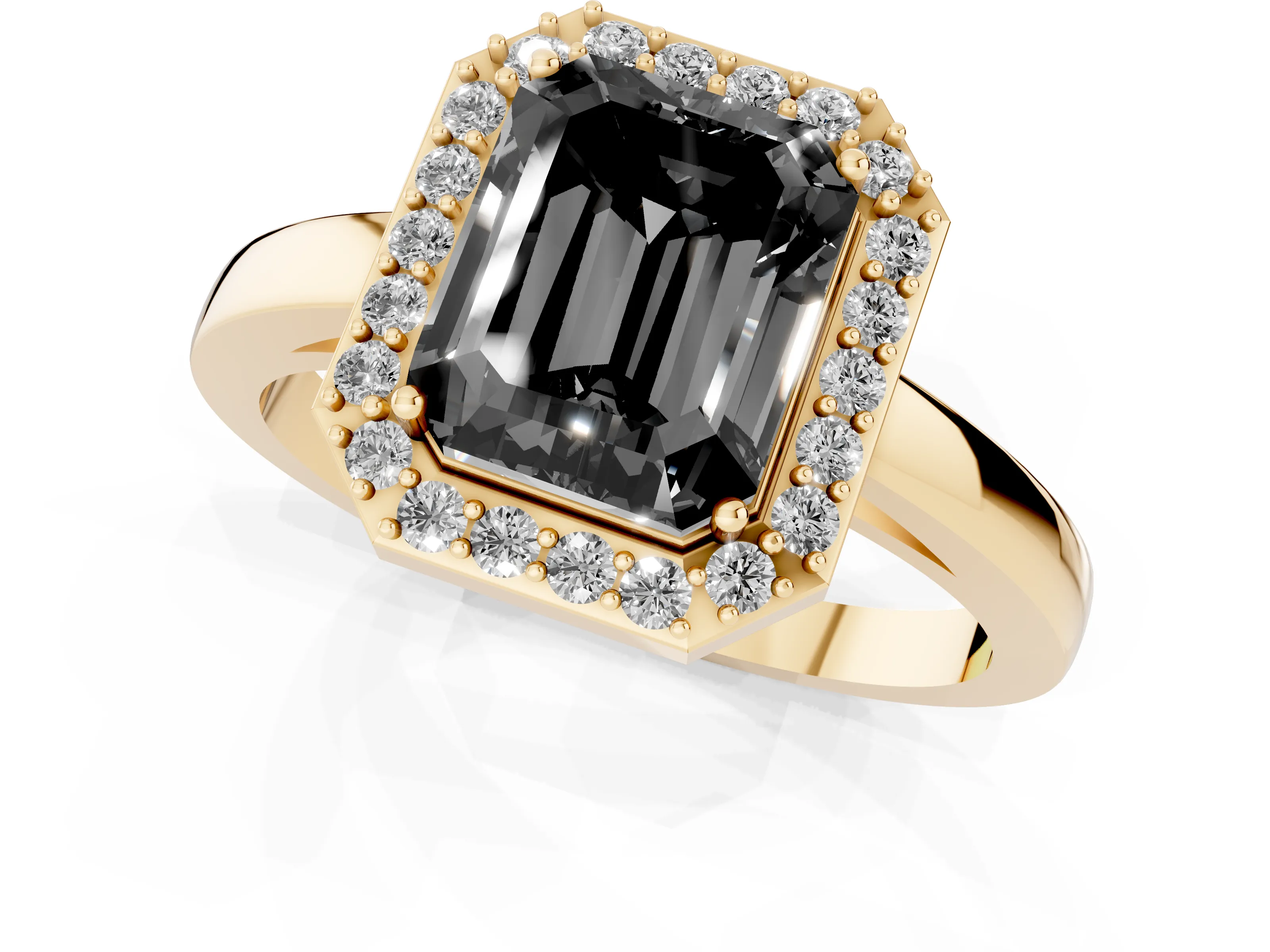 Fancy Black Radiant Cut Diamond Halo Ring Set in Yellow gold with Solitaire Band and Prong Setting