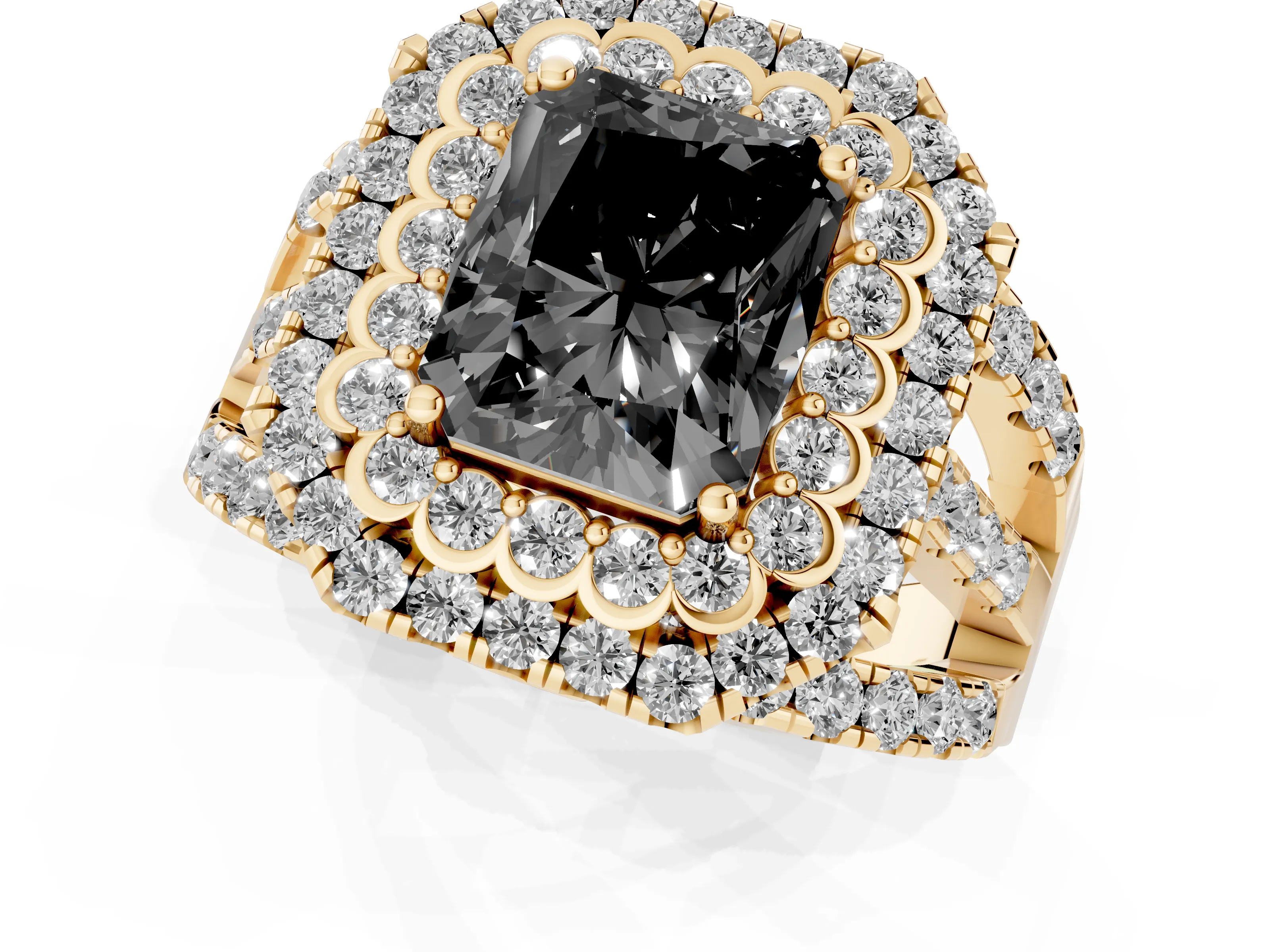 Fancy Black Radiant Cut Diamond Double Halo Ring Set in Yellow gold with Round Pavé Split Shank