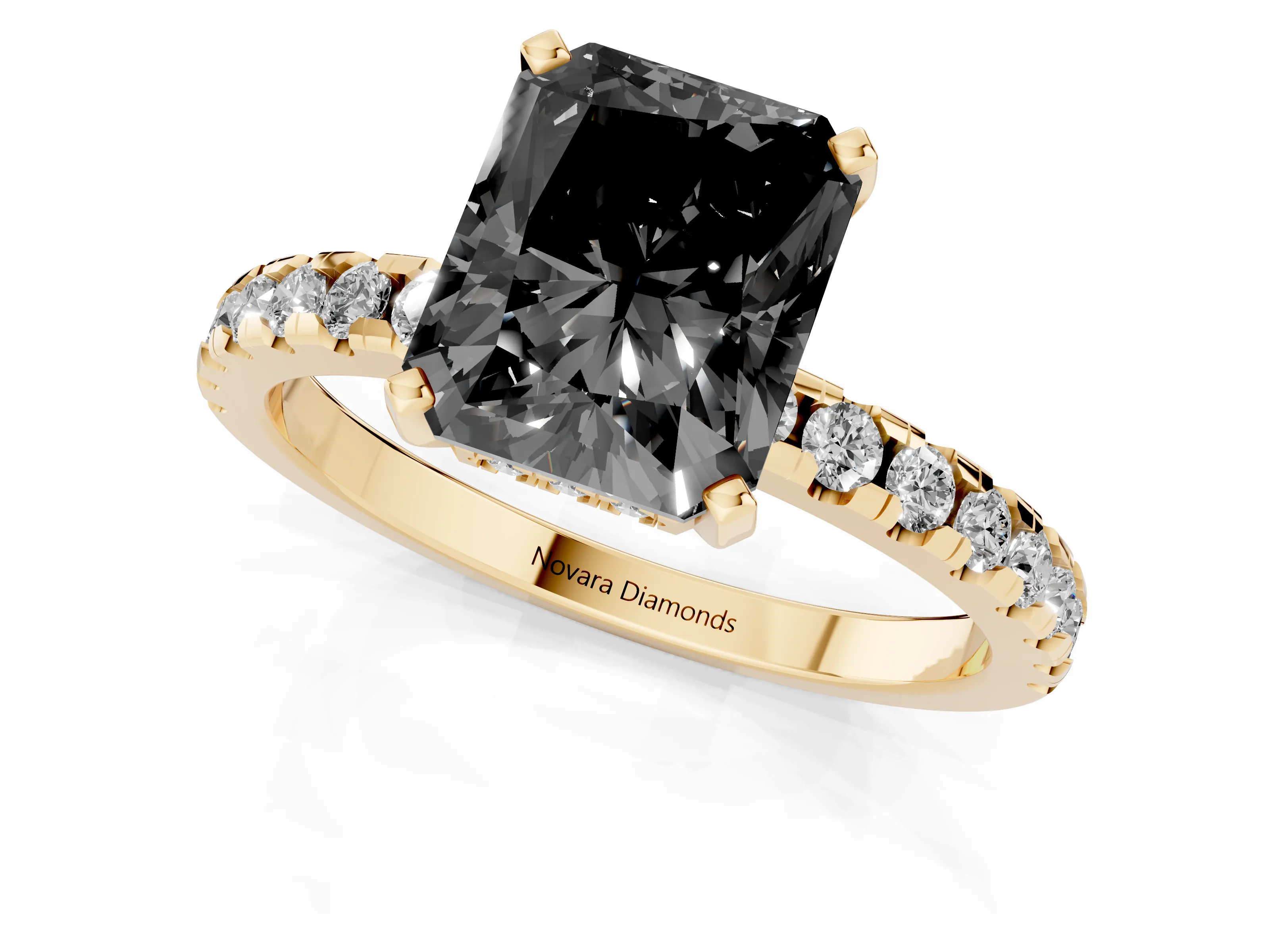 Fancy Black Radiant Cut Diamond Pavé Solitaire Ring Set in Yellow gold with Round Band Accents and Prong Setting