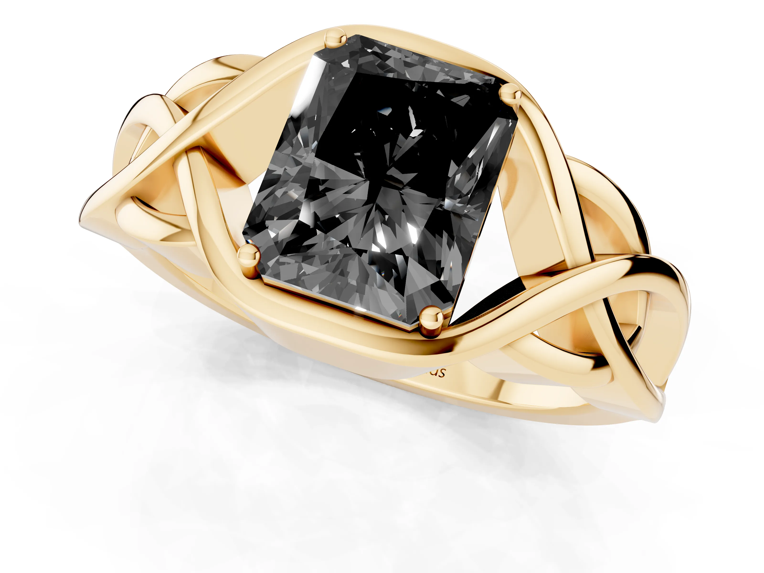 Fancy Black Radiant Cut Diamond Solitaire Ring Set in Yellow gold with Intertwined Band