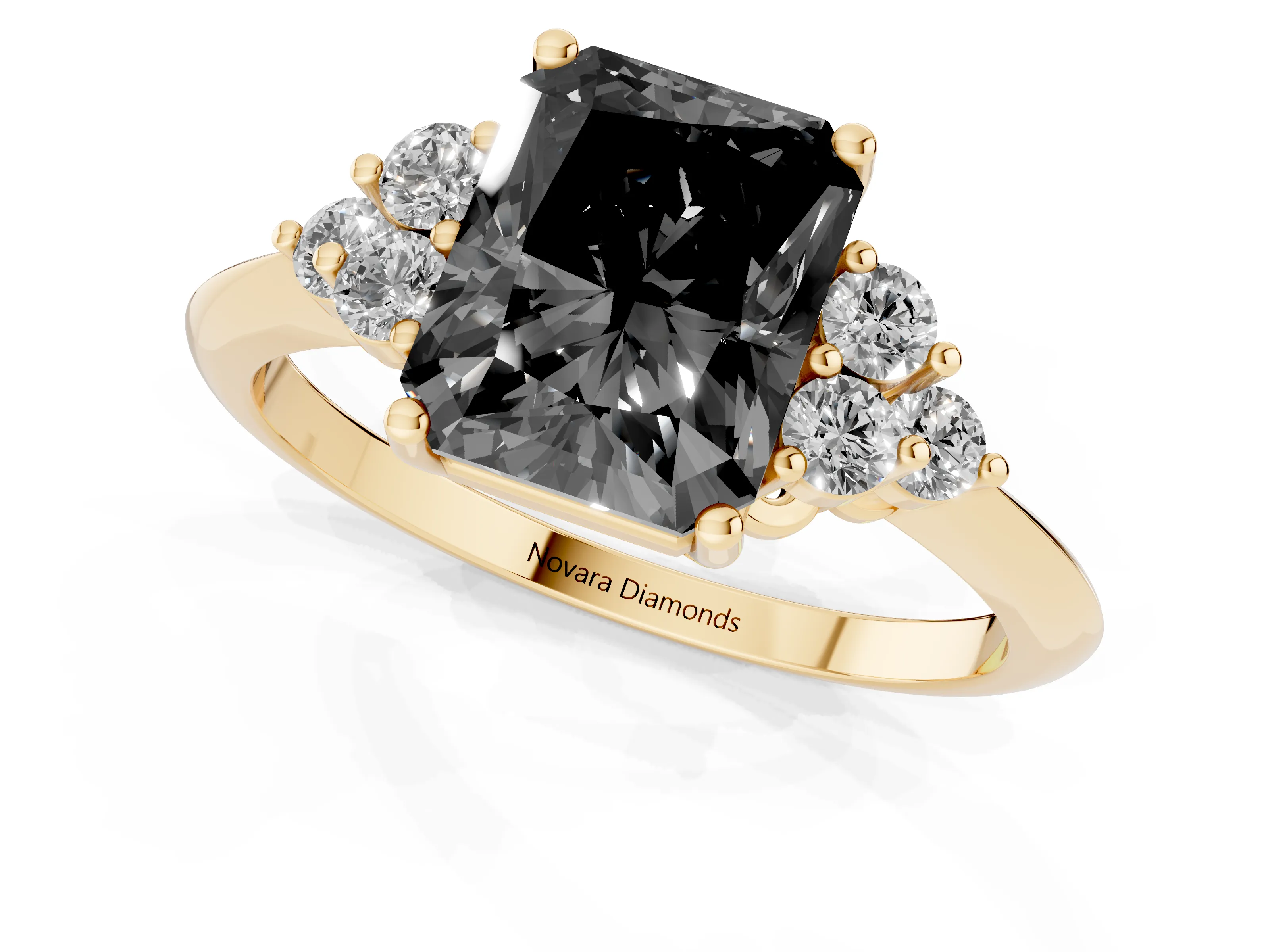 Fancy Black Radiant Cut Diamond Cluster Ring Set in Yellow gold with Plain Band and Prong Setting