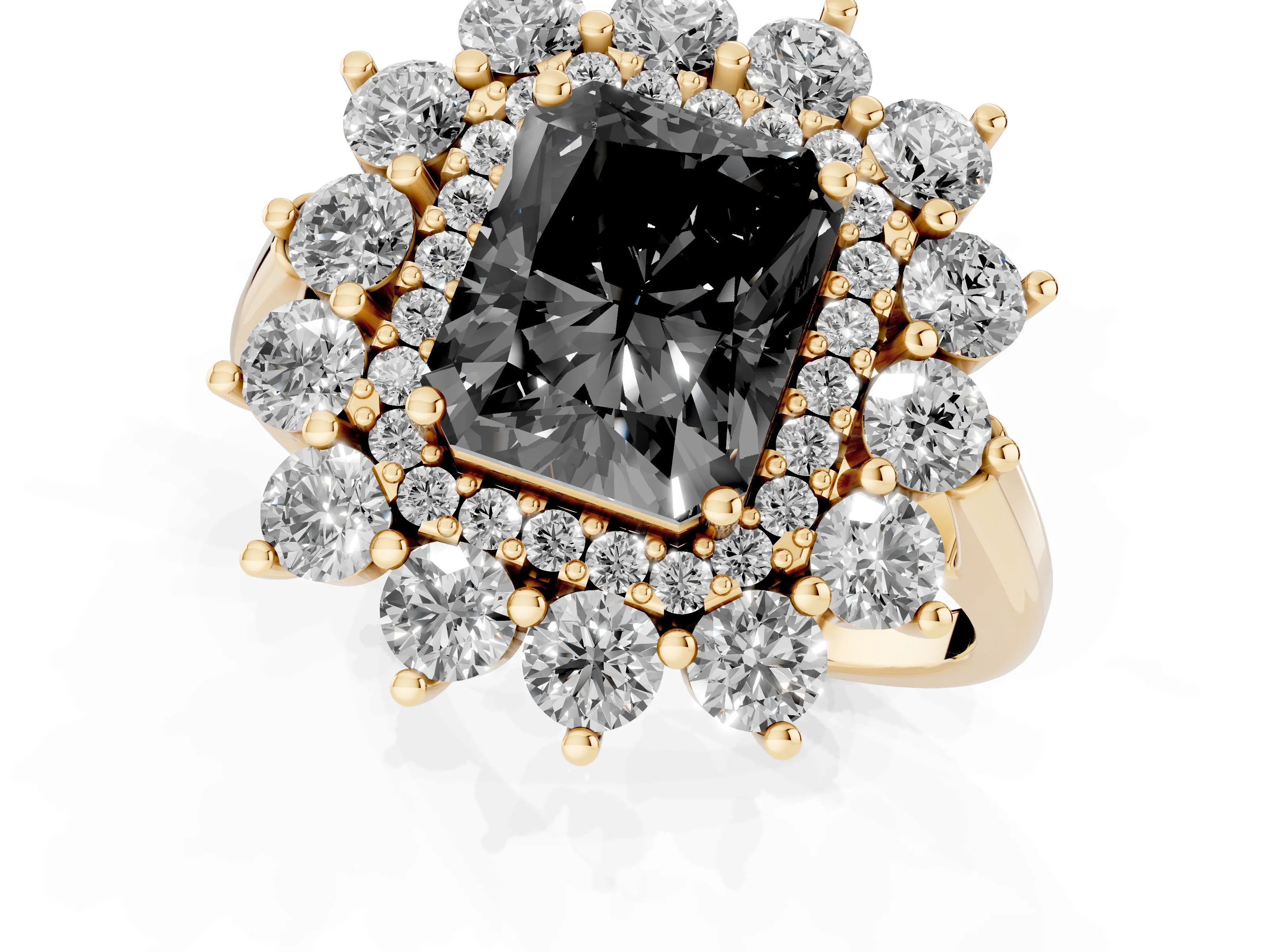 Fancy Black Radiant Cut Diamond Floral Double Halo Ring Set in Yellow gold with Round Petals