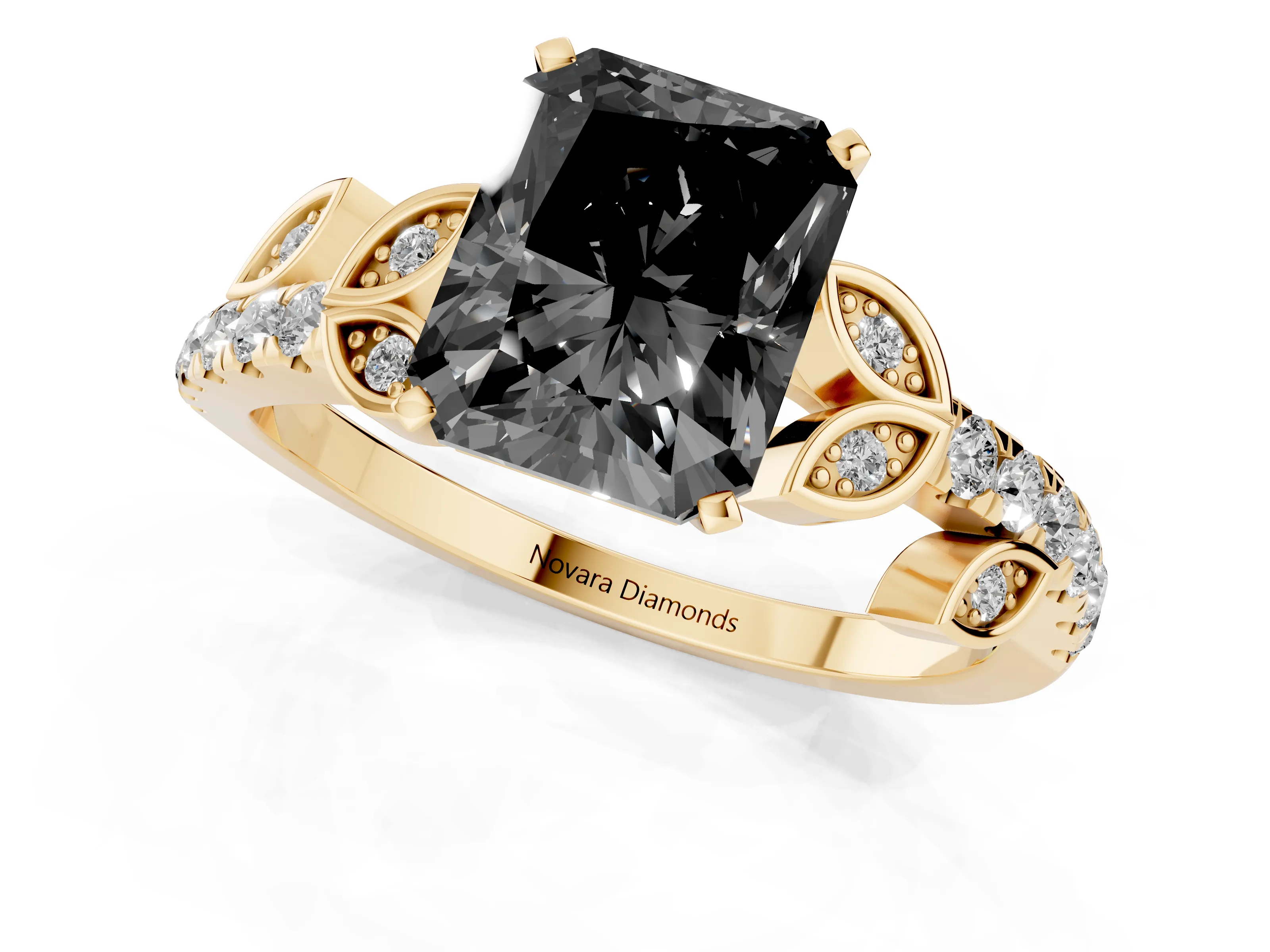 Fancy Black Radiant Cut Diamond Solitaire Leaf-Inspired Ring Set in Yellow gold with Pavé Band and Prong Setting