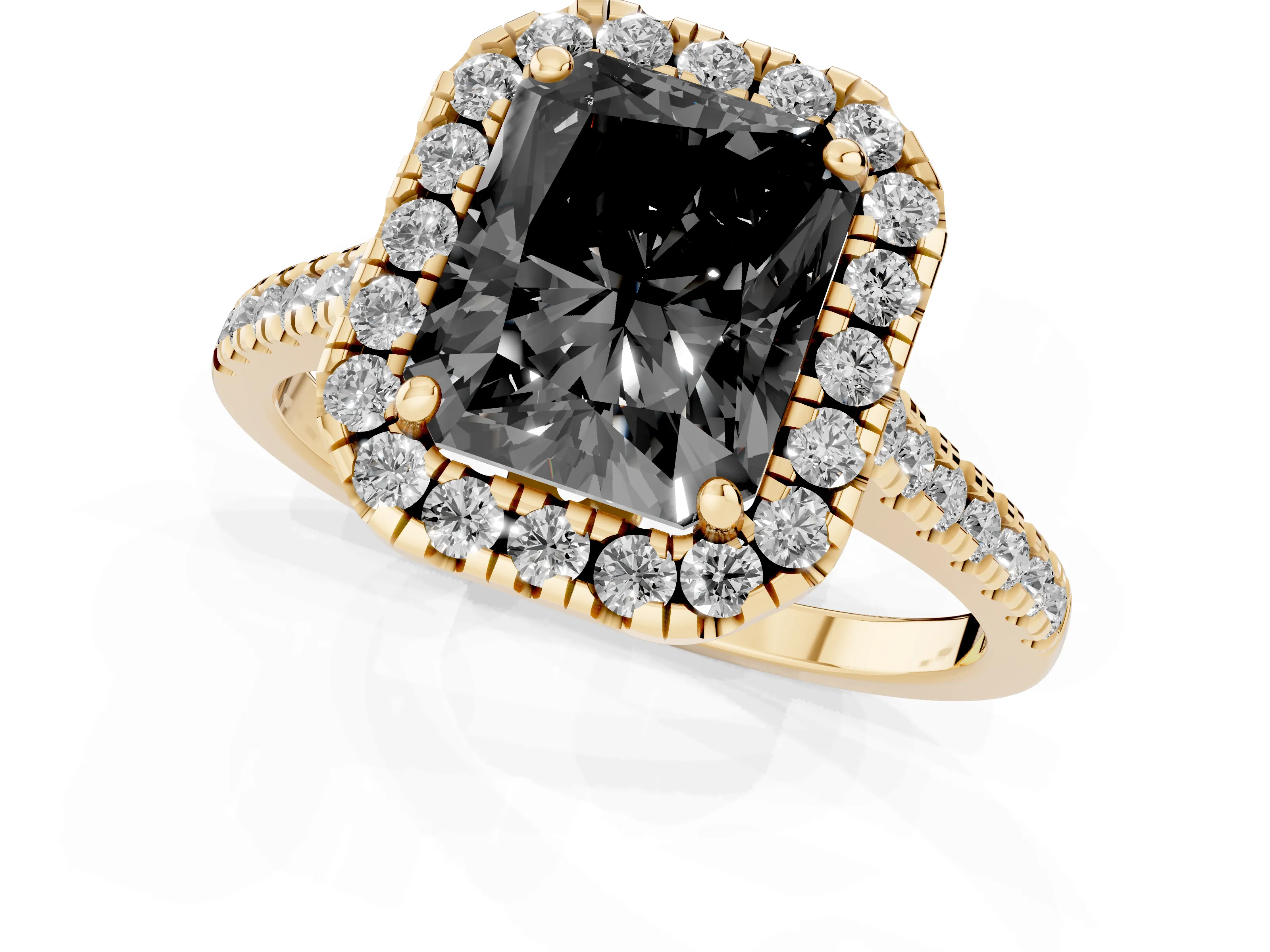 Fancy Black Radiant Cut Diamond Cushion Halo Ring Set in Yellow gold with Pavé Band